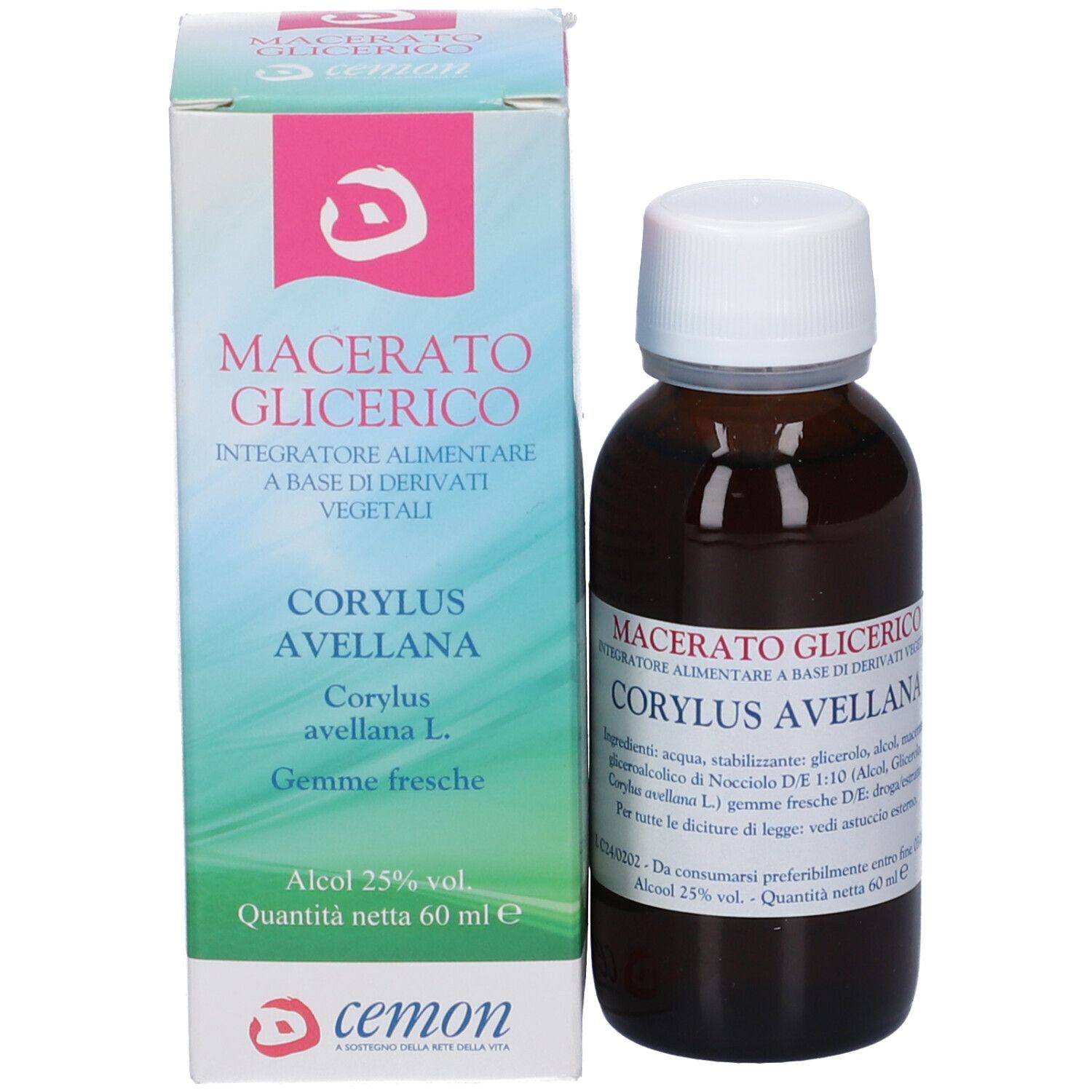 Confezione e flacone. Confezione: bianca con accenti rosa. Flacone: marrone con tappo bianco. Testo: Cemon, Macerato Glicerico.