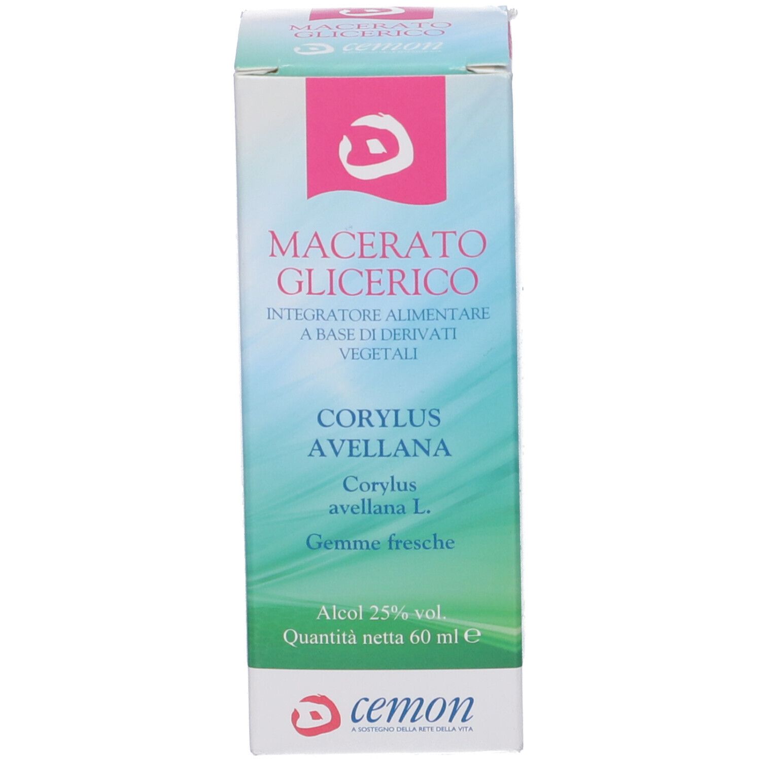 Confezione del prodotto. Bianco con accenti blu-verdi e rosa. Testo: Macerato Glicerico, Corylus Avellana, Cemon.