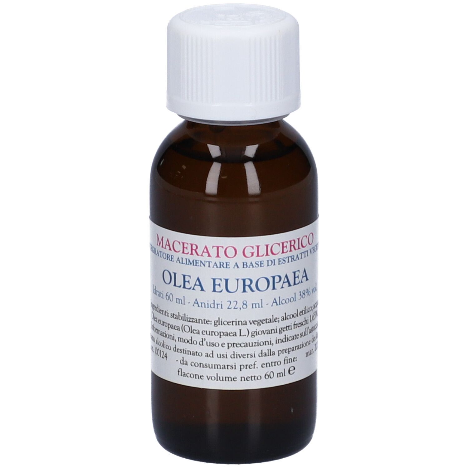 Flacone di vetro marrone con tappo bianco. Etichetta con testo: Macerato Glicerico, Olea Europaea, 60 ml.