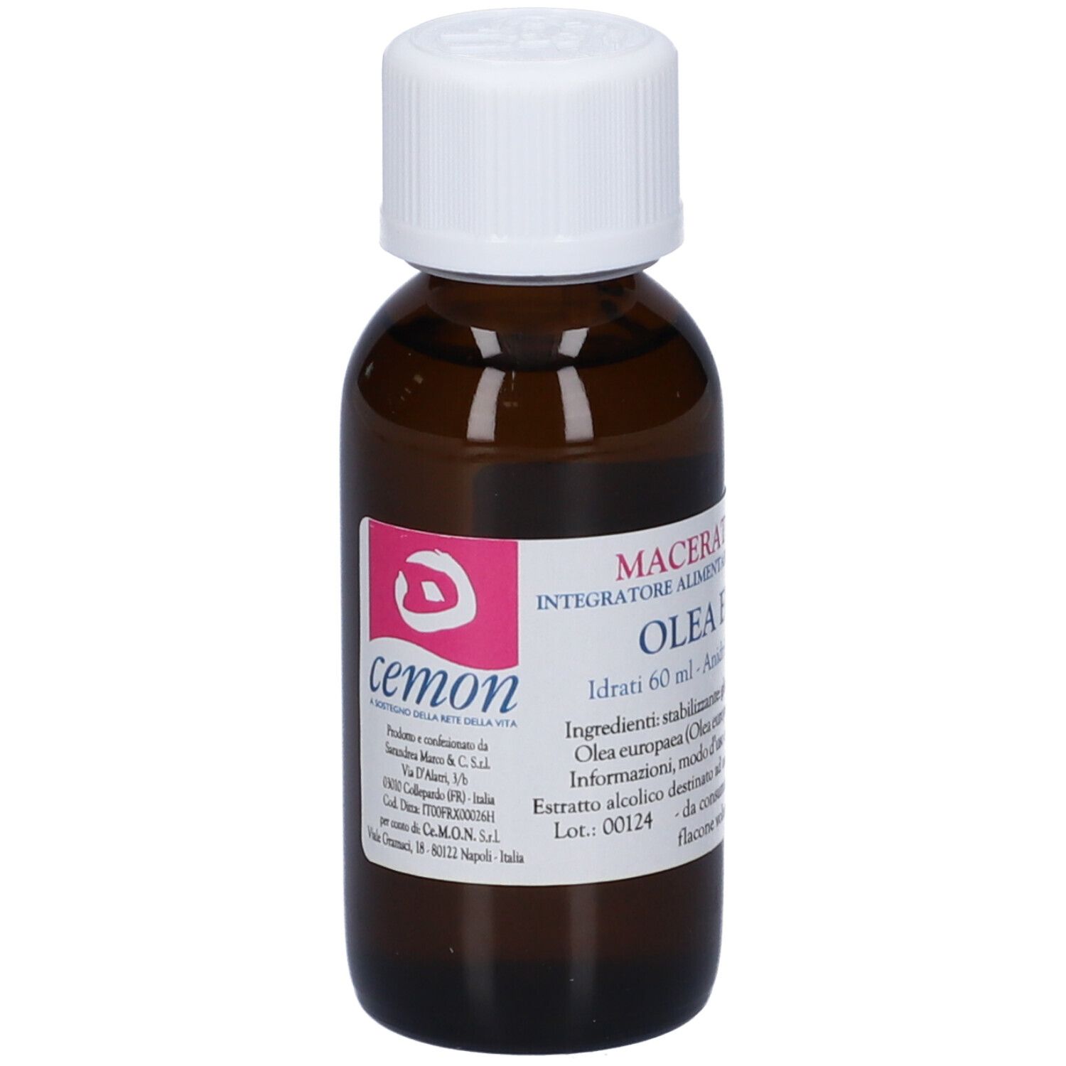 Flacone di vetro marrone con tappo bianco. Etichetta con testo: Macerato Glicerico, Olea Europaea, 60 ml.