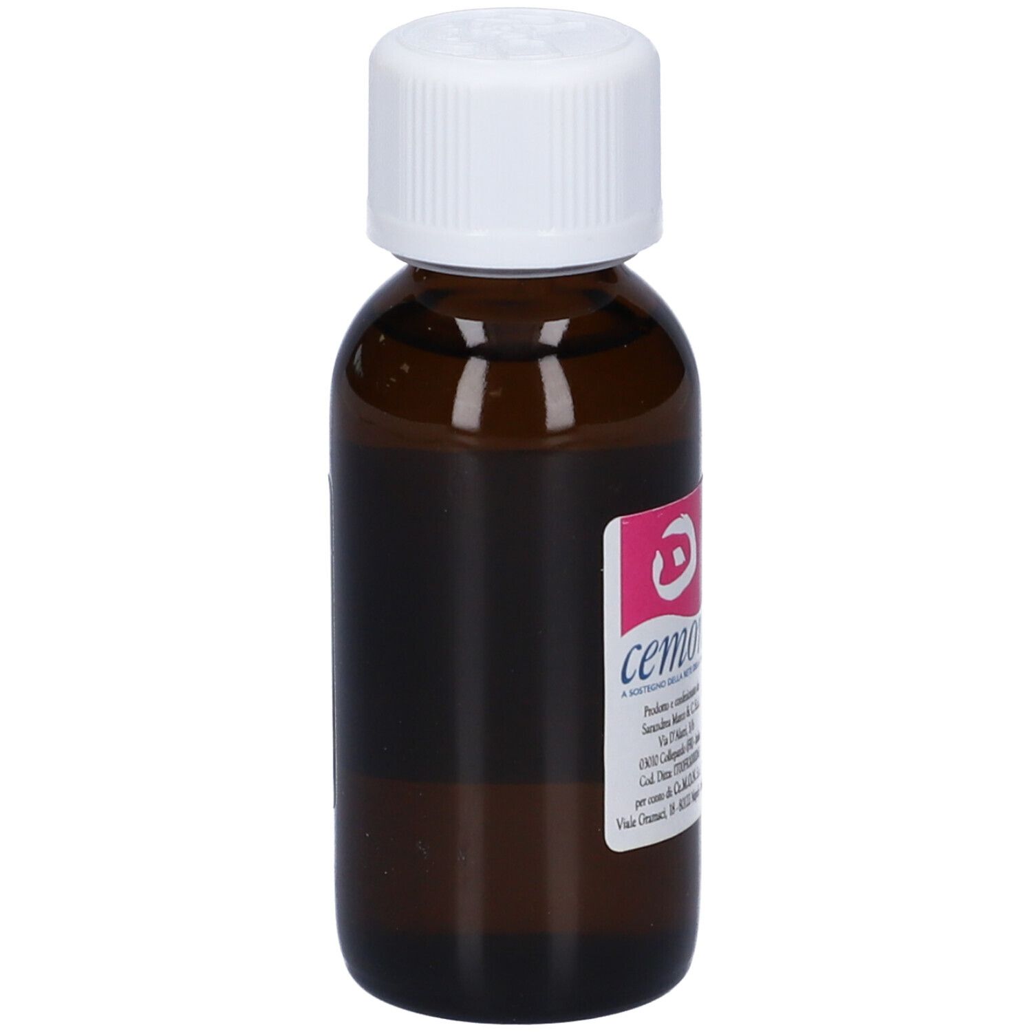 Flacone di vetro marrone con tappo bianco. Etichetta con testo: Macerato Glicerico, Olea Europaea, 60 ml.