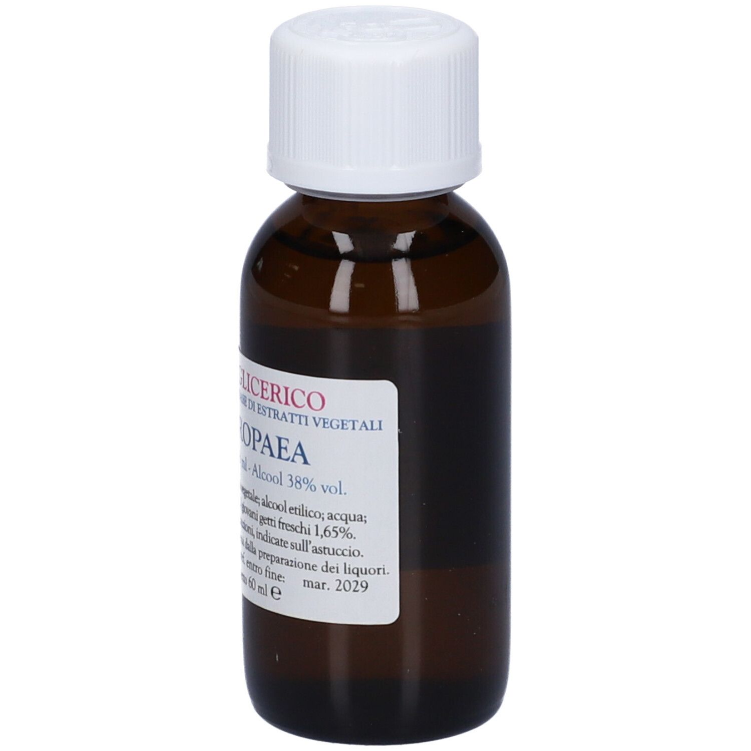Flacone di vetro marrone con tappo bianco. Etichetta con testo: Macerato Glicerico, Olea Europaea, 60 ml.