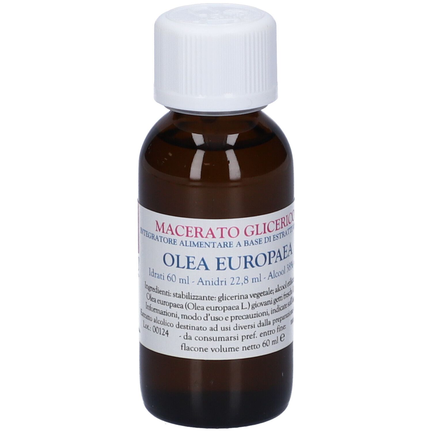 Flacone di vetro marrone con tappo bianco. Etichetta con testo: Macerato Glicerico, Olea Europaea, 60 ml.