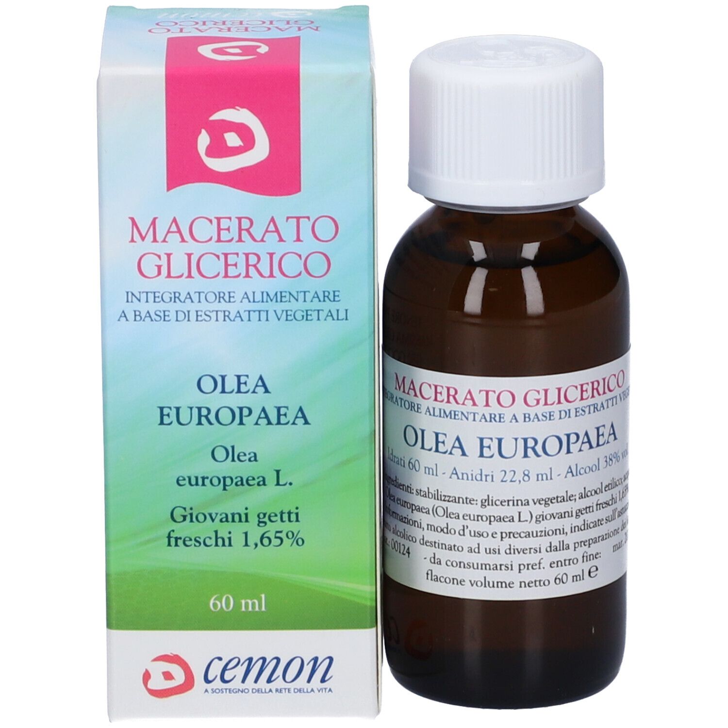 Flacone di vetro marrone e scatola. Scritta: Macerato Glicerico, Olea Europaea, 60 ml. Marchio: cemon.