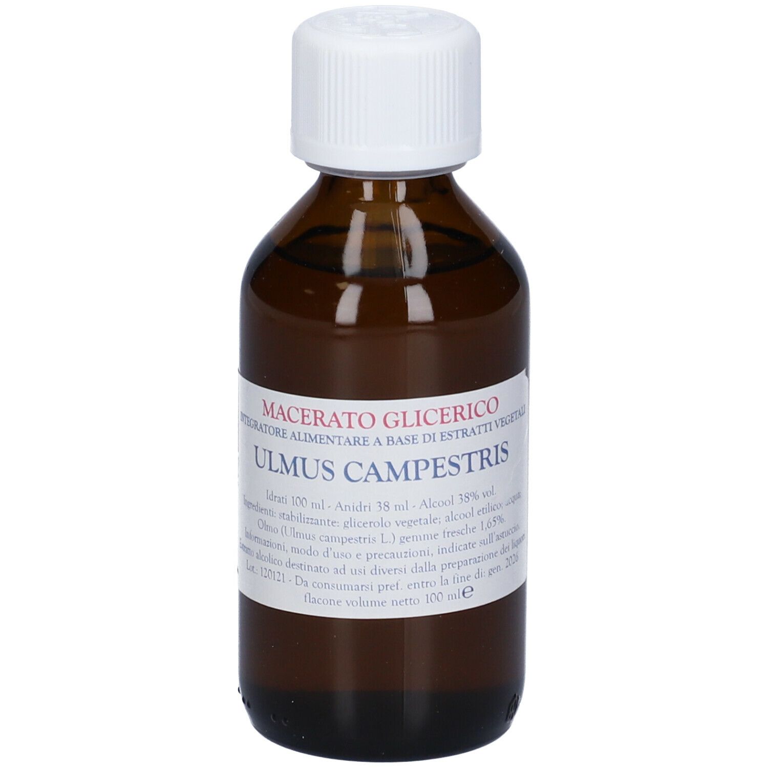 Flacone di vetro marrone con tappo bianco. Etichetta con testo: Macerato Glicerico, Ulmus Campestris. Marchio: cemon.