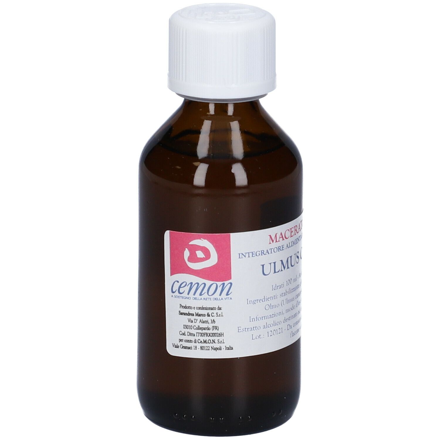 Flacone di vetro marrone con tappo bianco. Etichetta con testo: Macerato Glicerico, Ulmus Campestris. Marchio: cemon.