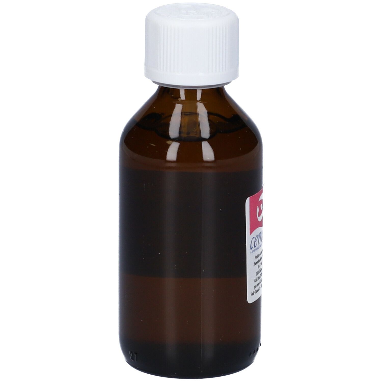 Flacone di vetro marrone con tappo bianco. Marchio: cemon. Etichetta con testo: Macerato Glicerico.