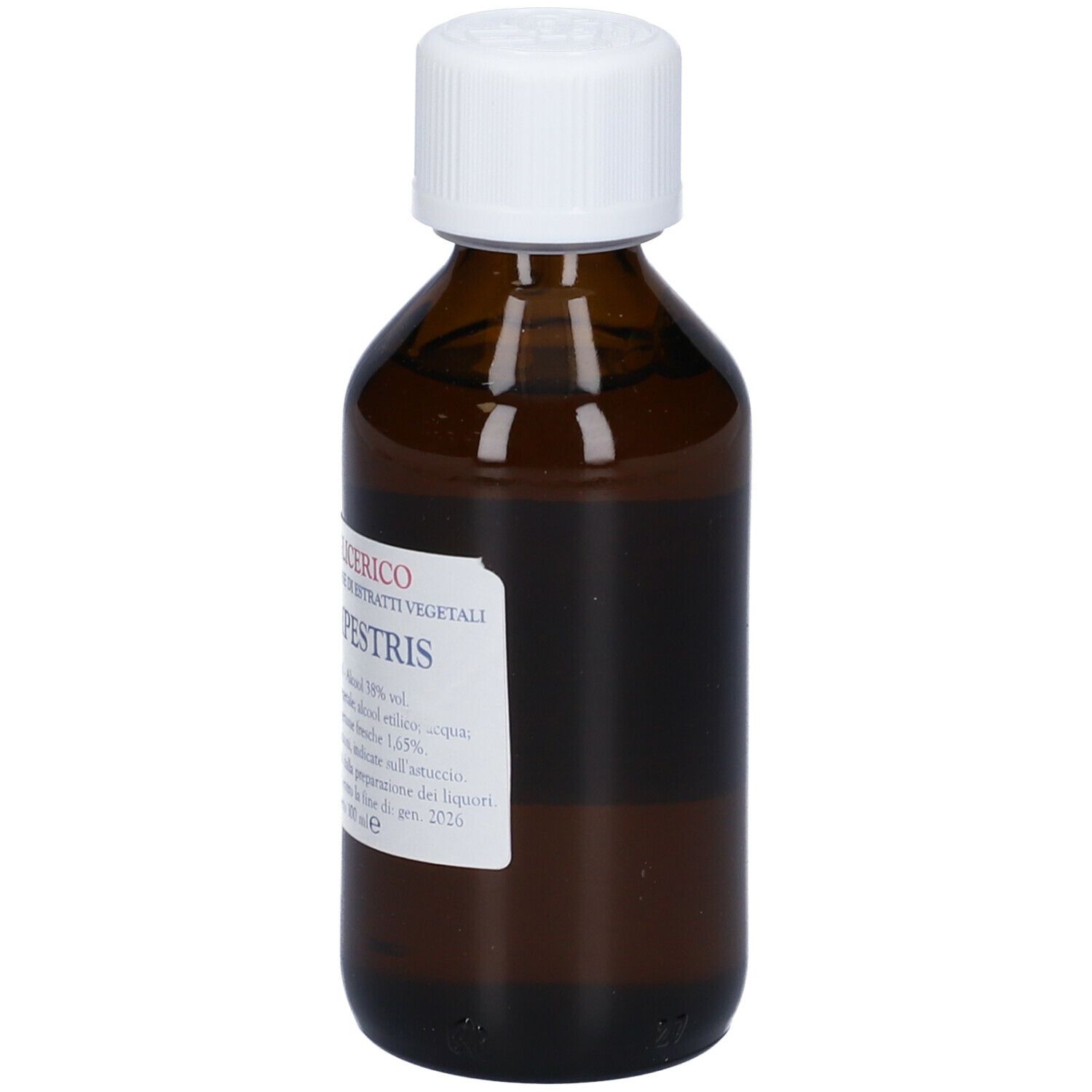Flacone di vetro marrone con tappo bianco. Etichetta con testo: Macerato Glicerico, Ulmus Campestris.