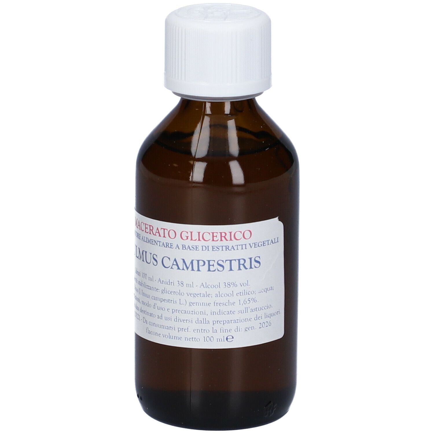 Flacone di vetro marrone con tappo bianco. Etichetta con testo: Macerato Glicerico, Ulmus Campestris.