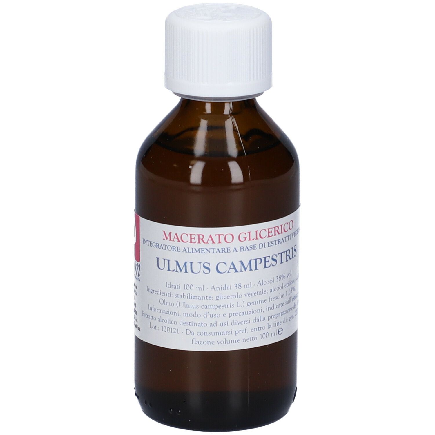 Flacone di vetro marrone con tappo bianco. Etichetta con testo: Macerato Glicerico, Ulmus Campestris.