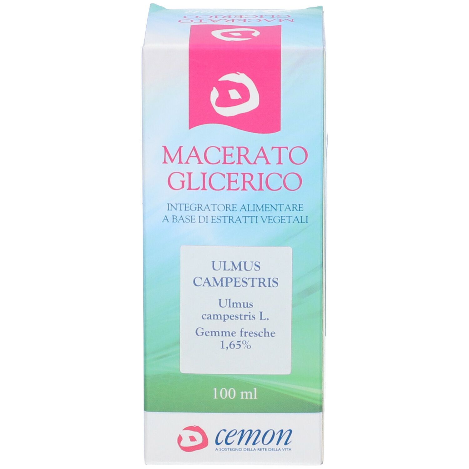 Scatola con etichetta prodotto. Testo: Macerato Glicerico, Ulmus Campestris, Gemme fresche, 1,65%. Marchio: cemon.