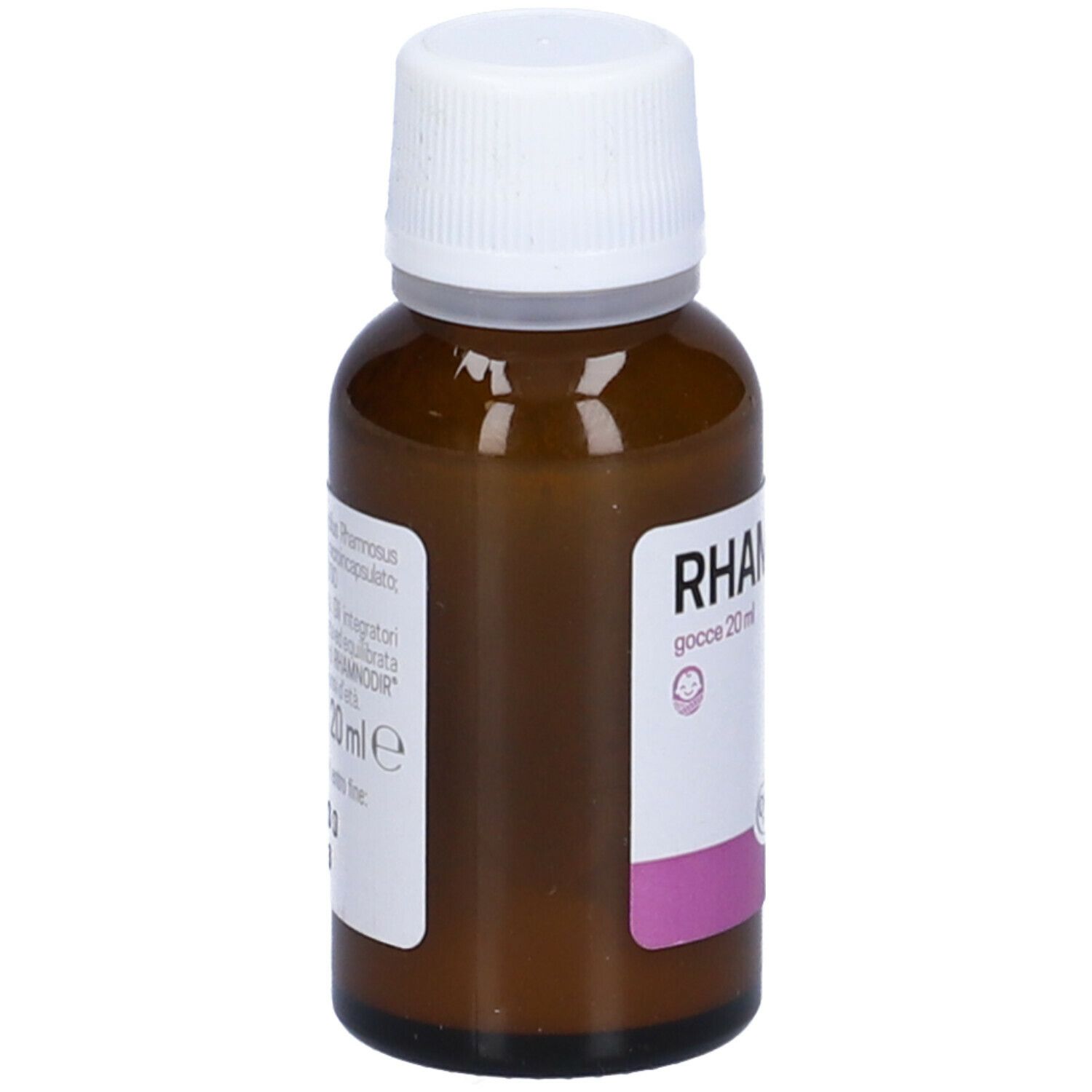 Flacone di vetro marrone con tappo bianco. Etichetta con nome del prodotto e logo. Vista laterale.