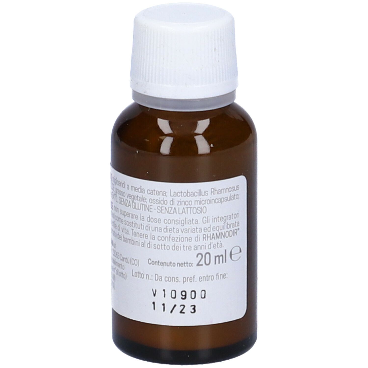 Flacone vetro marrone con tappo bianco. Etichetta con informazioni prodotto e 20 ml. Scadenza 11/23.