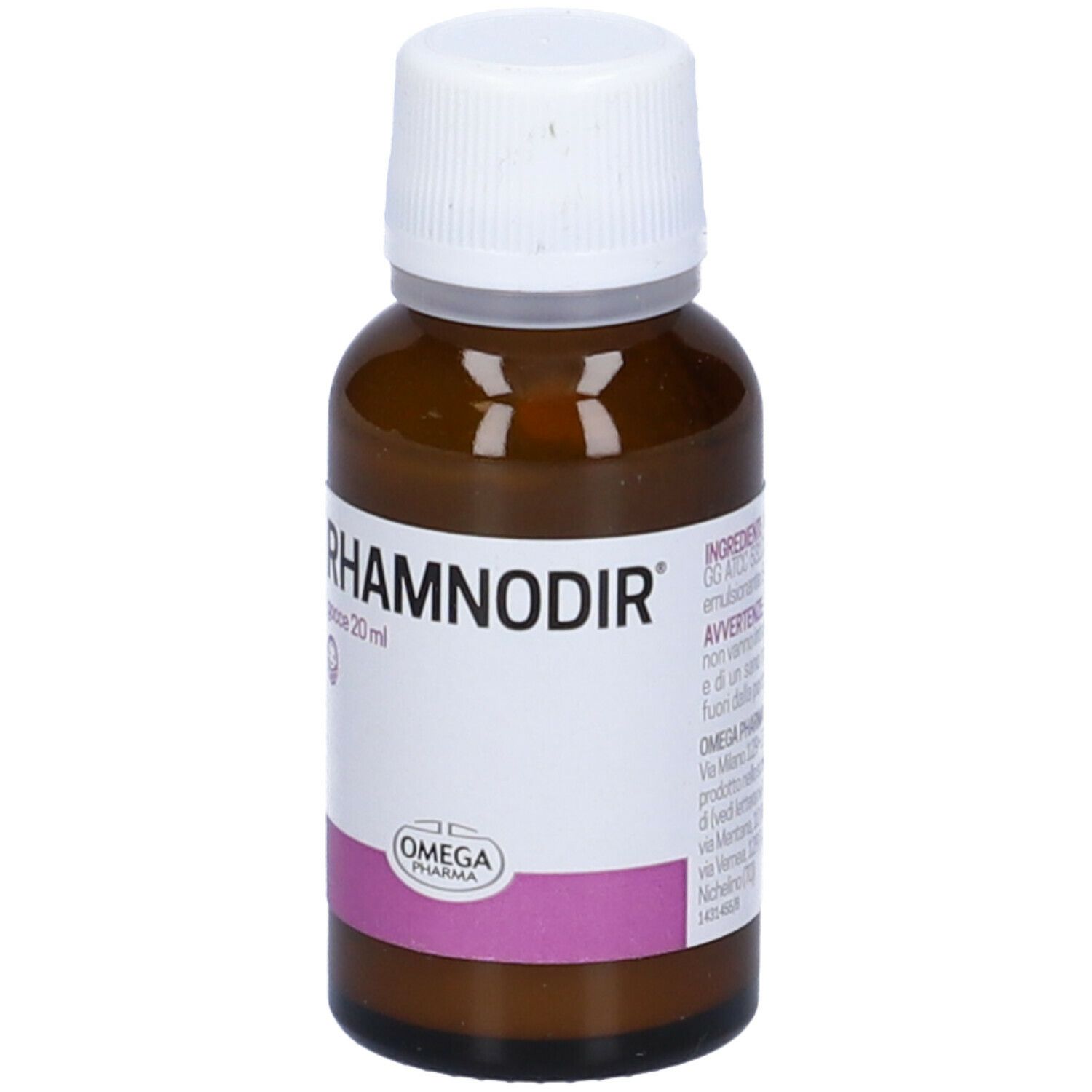 Flacone di vetro marrone con tappo bianco. Etichetta con nome del prodotto e logo. Primo piano.