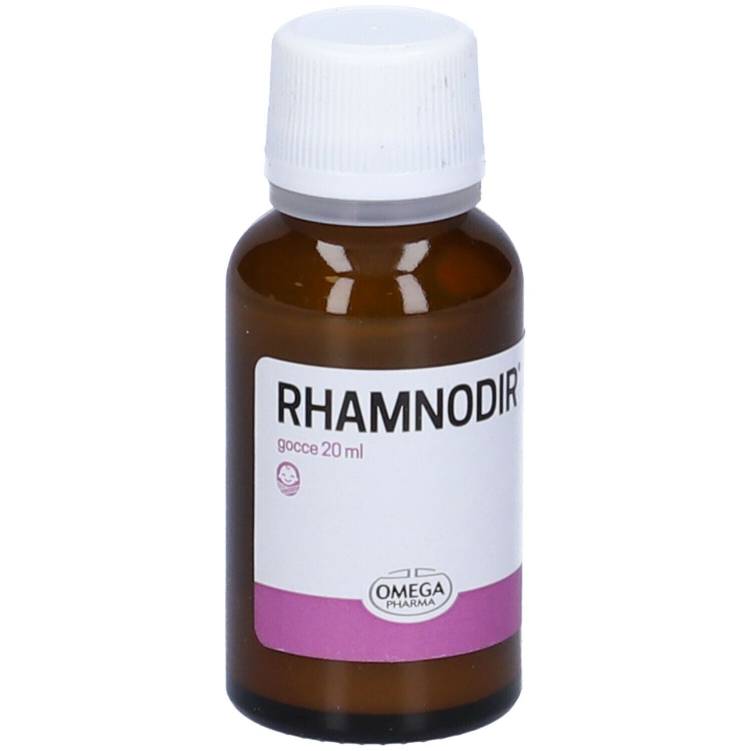 Flacone di vetro marrone con tappo bianco. Etichetta con nome del prodotto e logo. Primo piano.