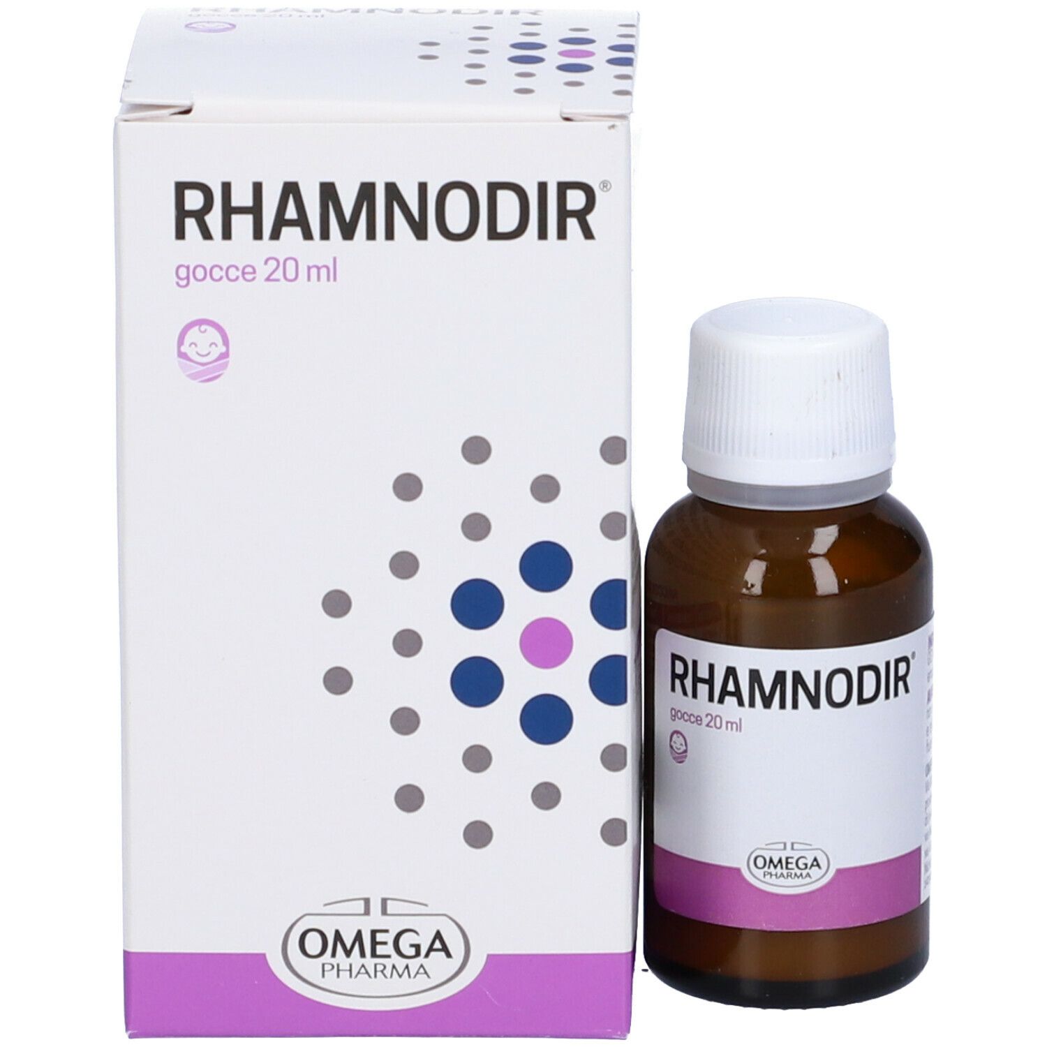 Flacone e confezione. Scatola bianca con nome del prodotto e logo. Flacone con tappo bianco.