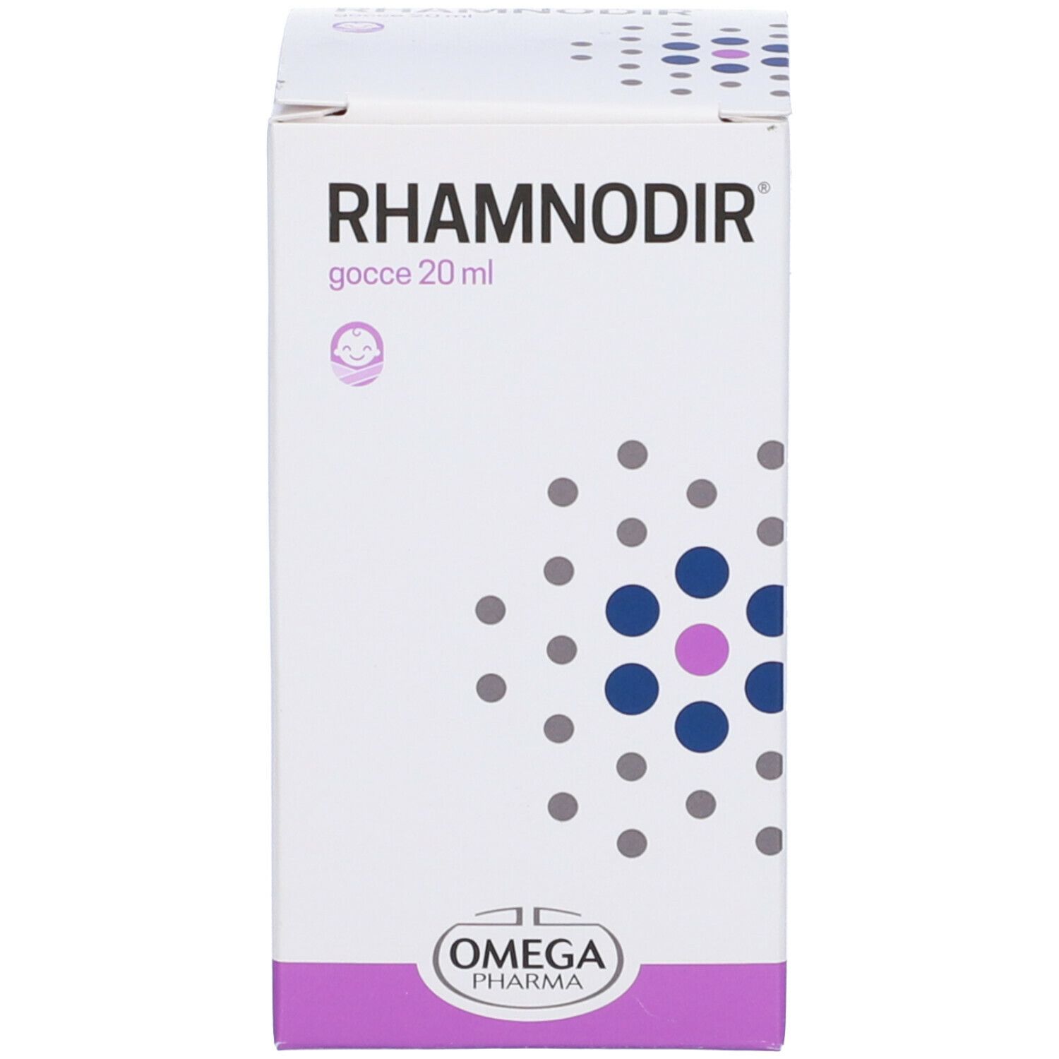 Scatola bianca con nome del prodotto e logo. Cerchi blu e grigi come elementi di design.