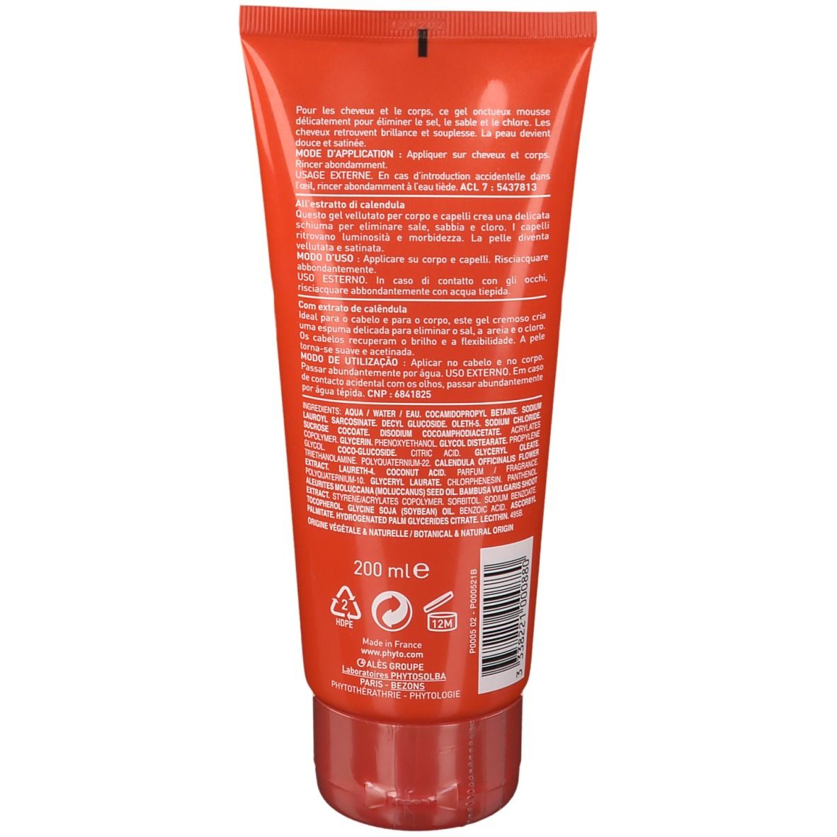 Retro di un tubo rosso. Testo e ingredienti in più lingue. 200 ml. Logo e codice a barre.