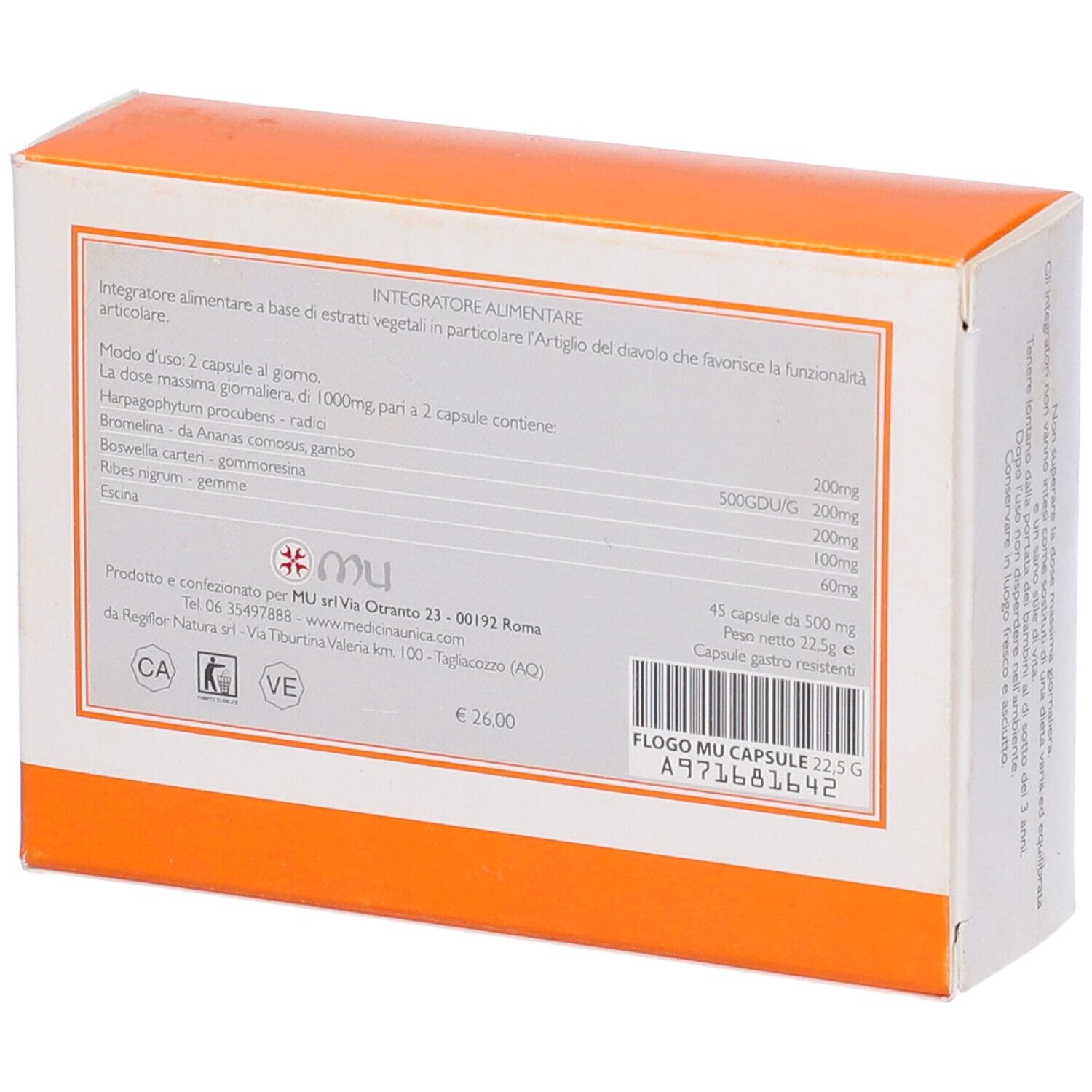 Scatola "flogo.mu" con logo. 45 capsule. Dosaggio, ingredienti e informazioni produttore.