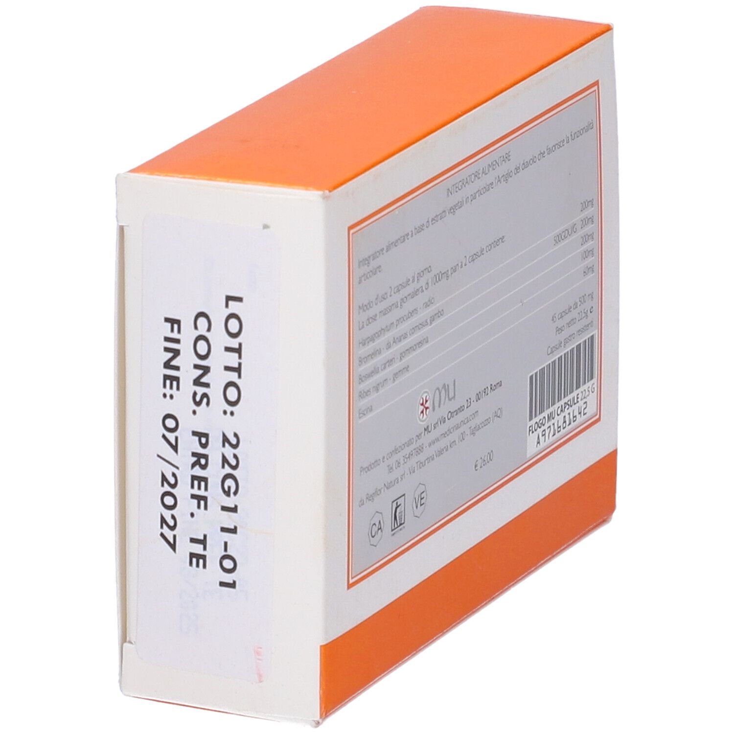 Scatola "flogo.mu" con logo. 45 capsule. Numero di lotto e data di scadenza stampati.