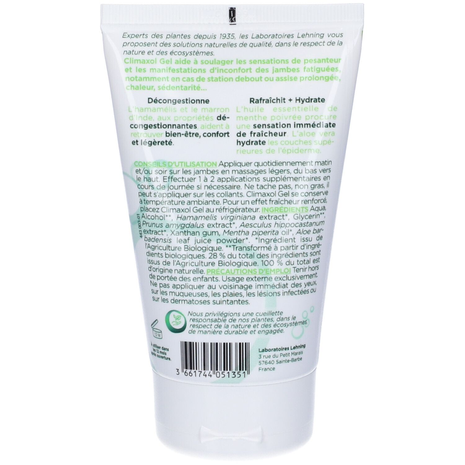 Retro del tubo di gel Climaxol. Testo: ingredienti, consigli d'uso. Certificazione bio. Produttore: Laboratoires Lehning.