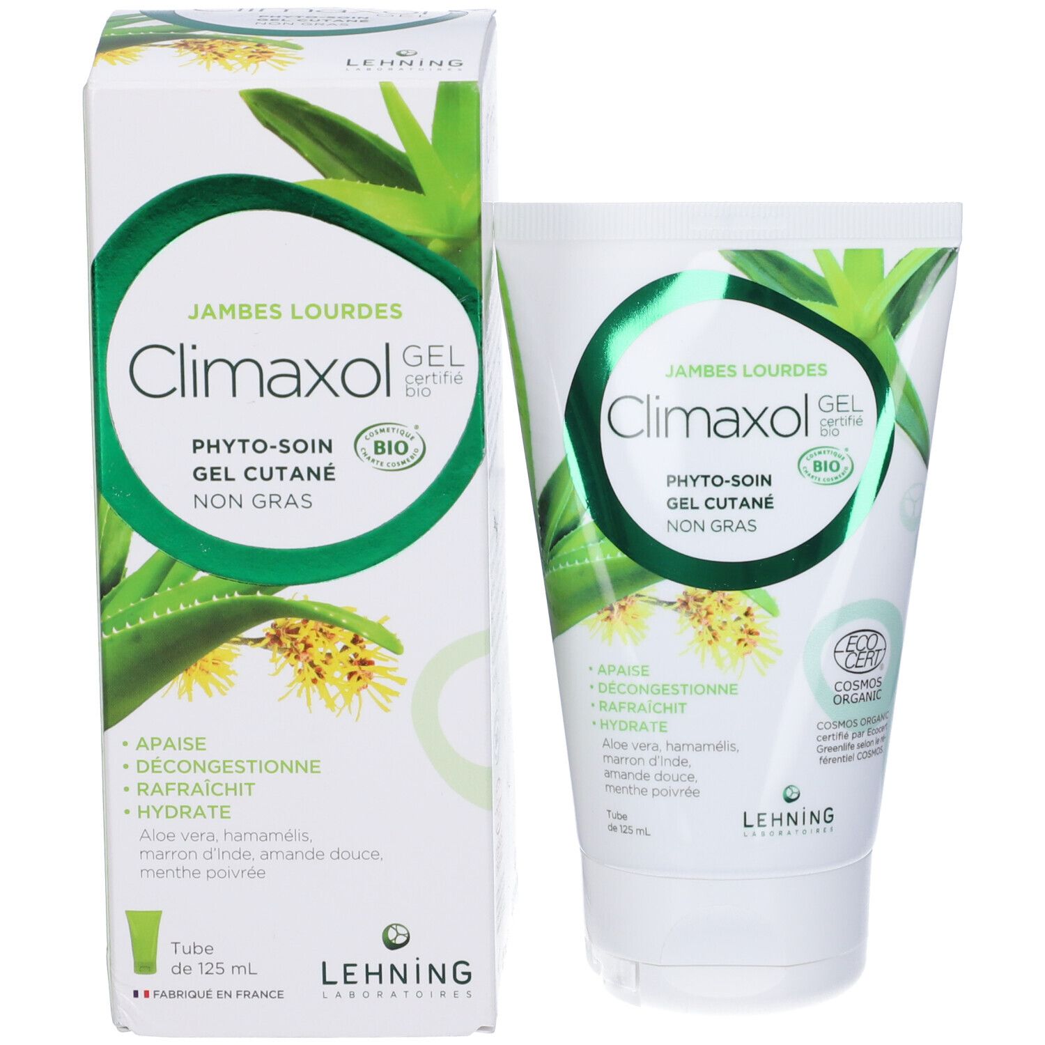 Confezione e tubo di gel Climaxol. Confezione bianca con dettagli verdi. Testo: 'Jambes Lourdes', 'Gel cutané'. Certificazione bio.