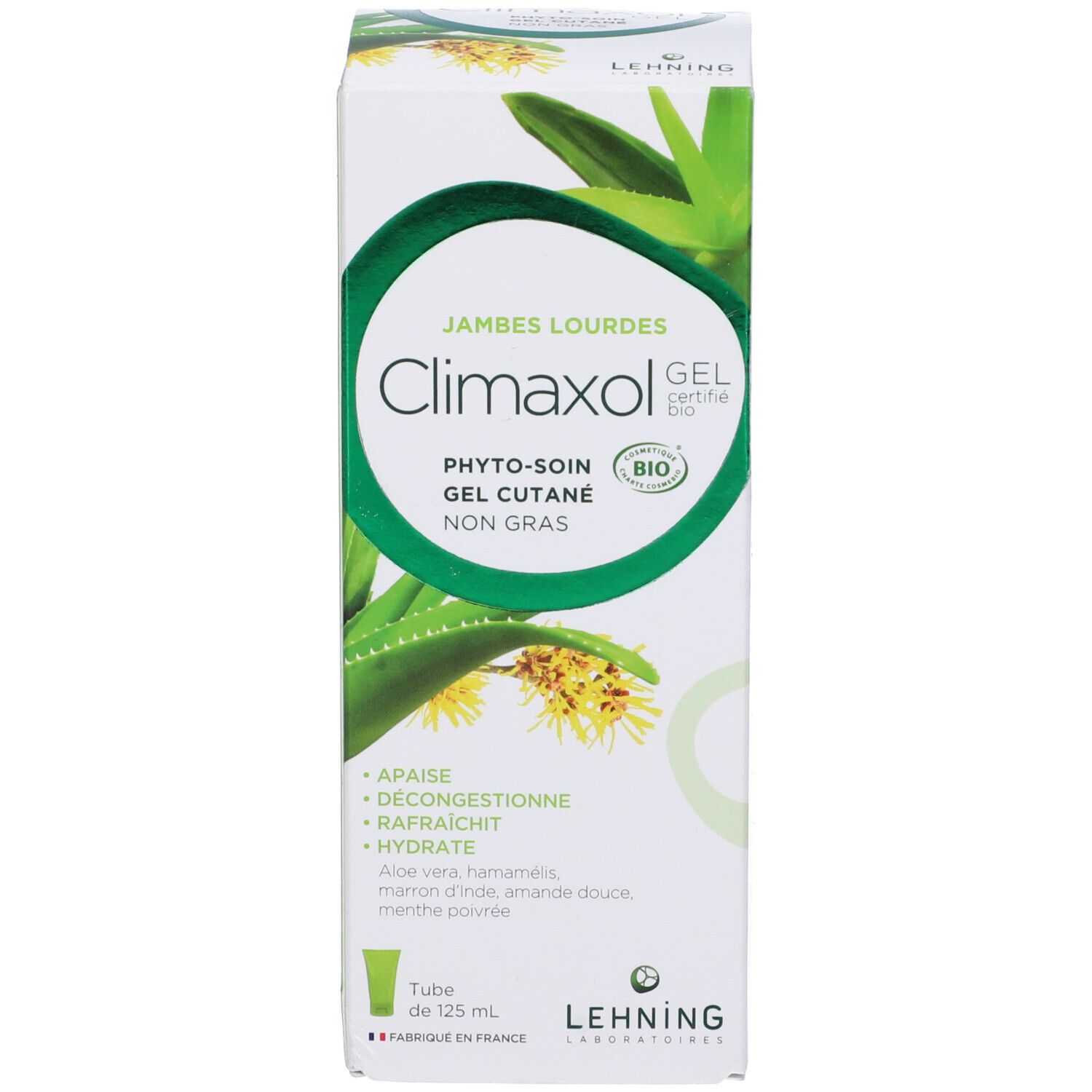 Confezione del gel Climaxol. Bianca con dettagli verdi. Testo: 'Jambes Lourdes', 'Gel cutané'. Certificazione bio. Produttore: Lehning.