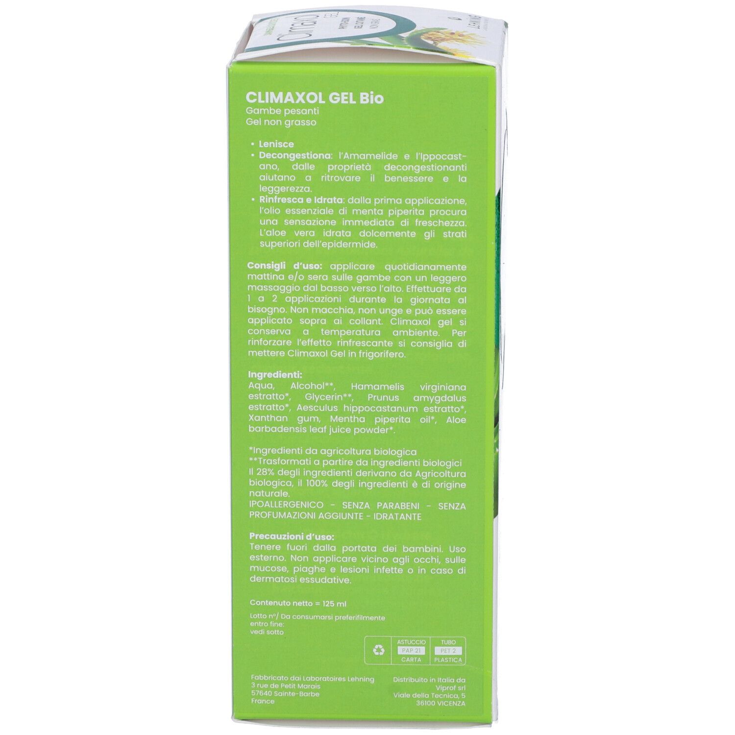 Lato della confezione del gel Climaxol. Testo: ingredienti, consigli d'uso. Certificazione bio. Produttore: Lehning. Contenuto: 125 ml.