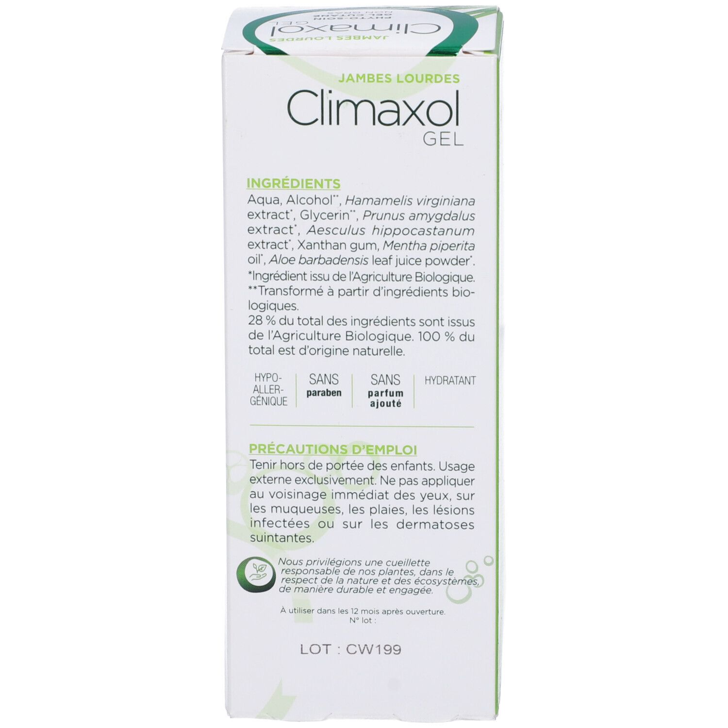 Lato della confezione del gel Climaxol. Testo: ingredienti, precauzioni d'uso. Senza parabeni. Produttore: Lehning.