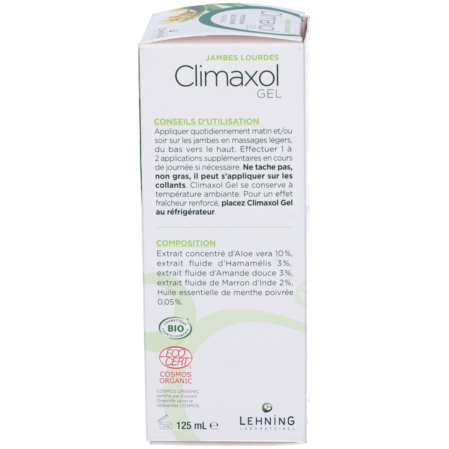 Lato della confezione del gel Climaxol. Testo: consigli d'uso, composizione. Certificazione bio. Contenuto: 125 ml. Produttore: Lehning.