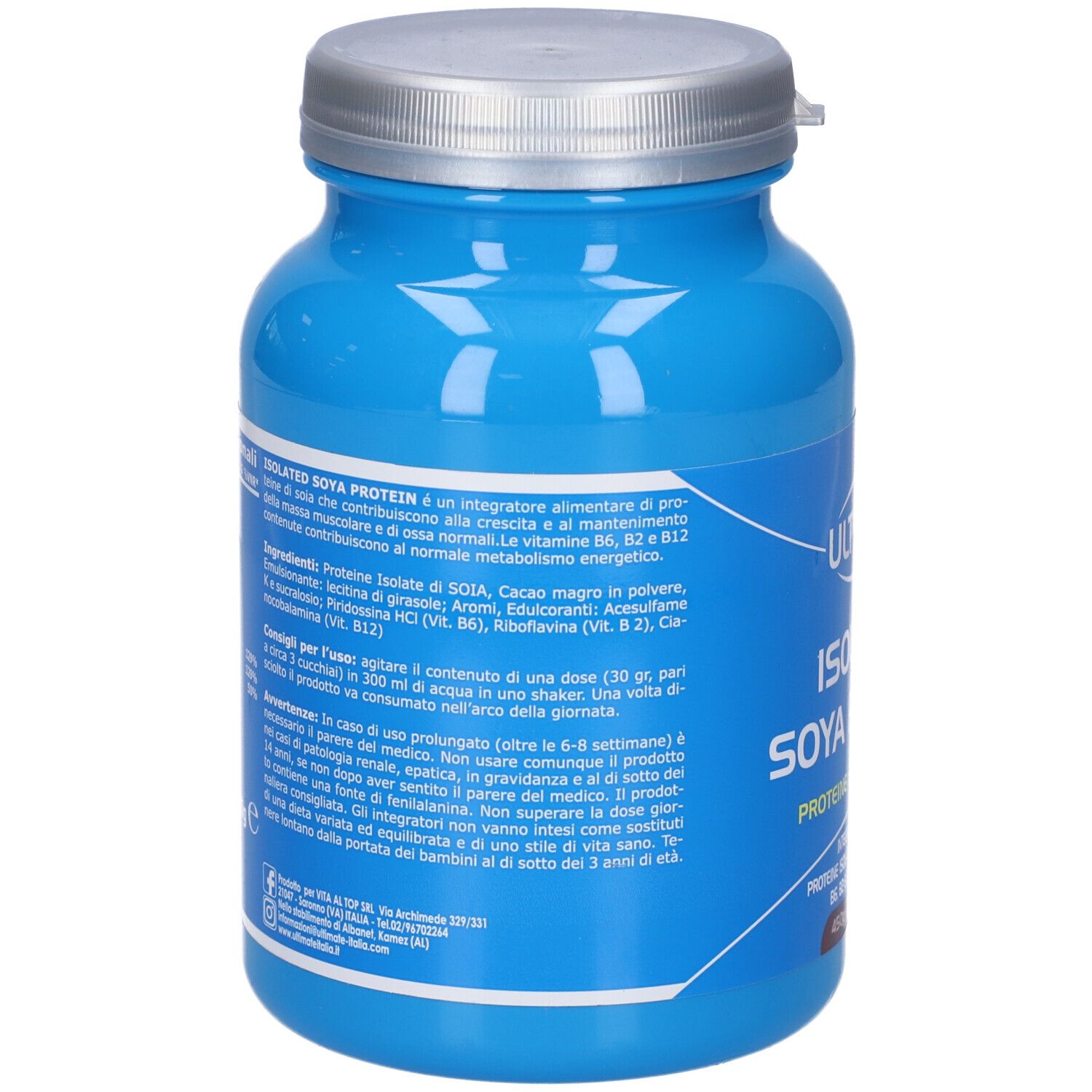 Barattolo blu, retro con testo. Contiene informazioni sugli ingredienti, istruzioni per l'uso e avvertenze. Sigillo vegano.