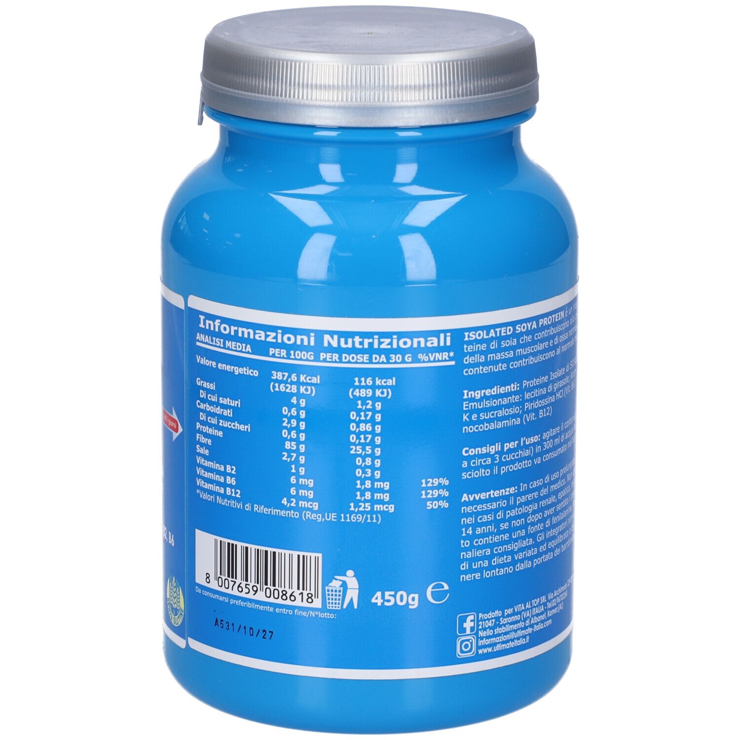 Barattolo blu, retro con informazioni nutrizionali. Contiene informazioni su calorie, grassi, carboidrati, proteine, ecc. 450g.