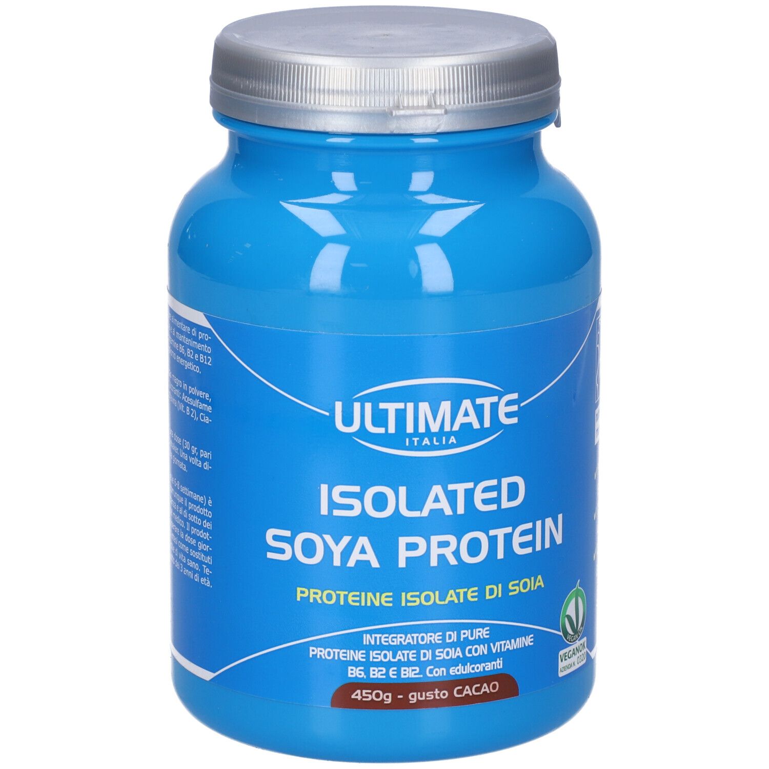 Barattolo blu con coperchio argentato. Scritta: ULTIMATE, ISOLATED SOYA PROTEIN. Contiene 450g, gusto cacao. Sigillo vegano.