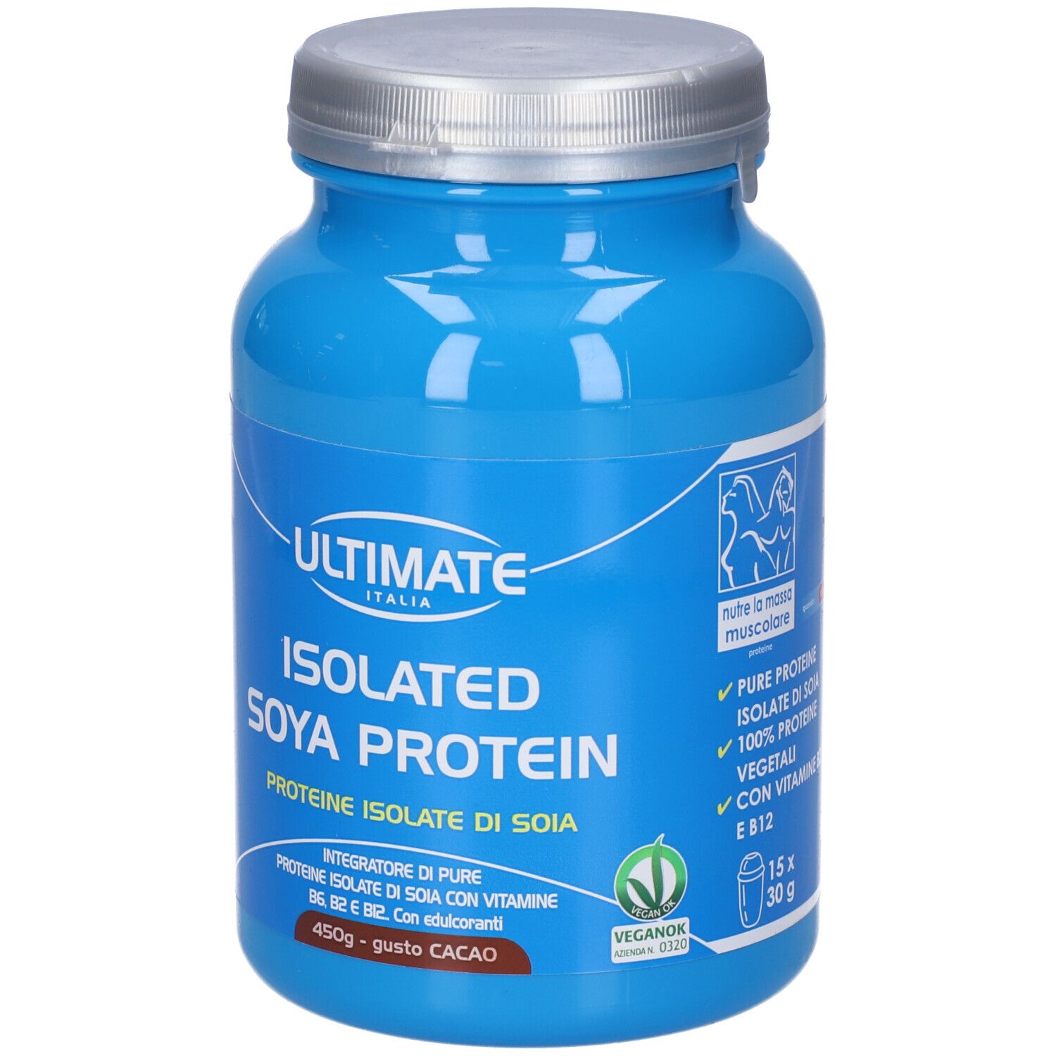 Barattolo blu con coperchio argentato. Scritta: ULTIMATE, ISOLATED SOYA PROTEIN. Contiene 450g, gusto cacao. Sigillo vegano.