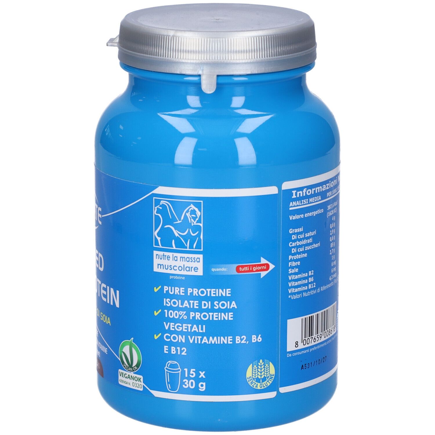 Barattolo blu, retro con testo e logo. Contiene informazioni su proteine, vitamine. Sigillo vegano. 15x30g.