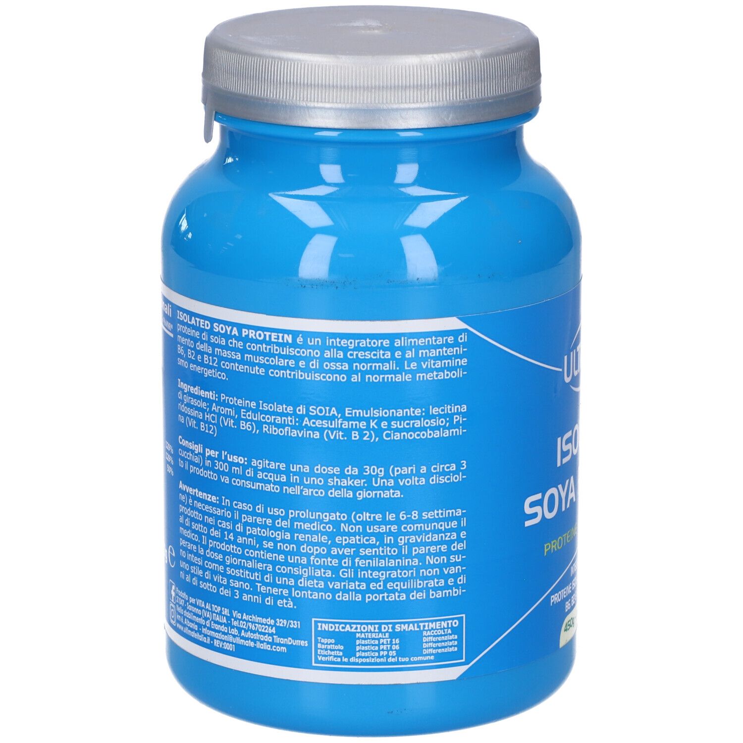 Barattolo blu con testo. Retro con informazioni e tabella nutrizionale. Coperchio grigio.