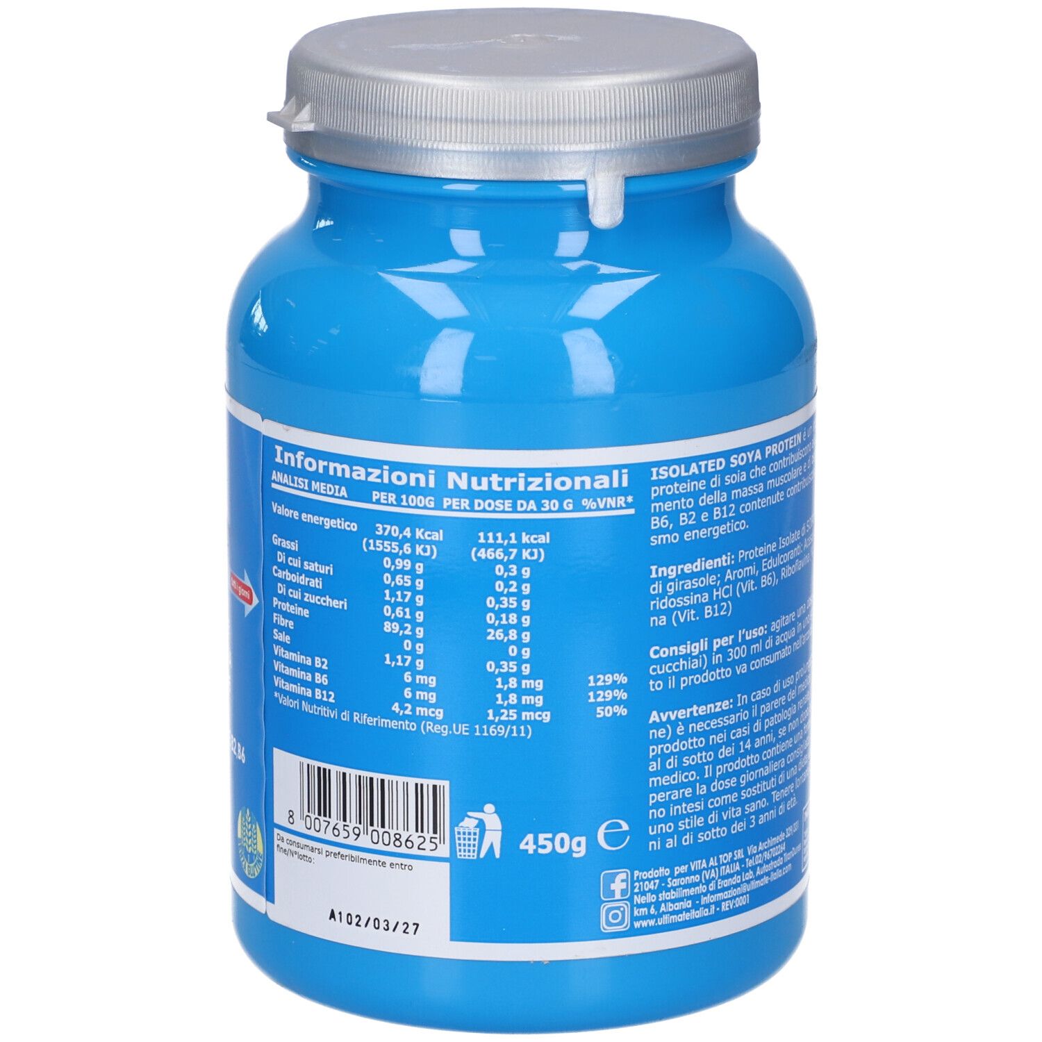 Barattolo blu con testo. Retro con informazioni nutrizionali. Coperchio grigio. 450g.