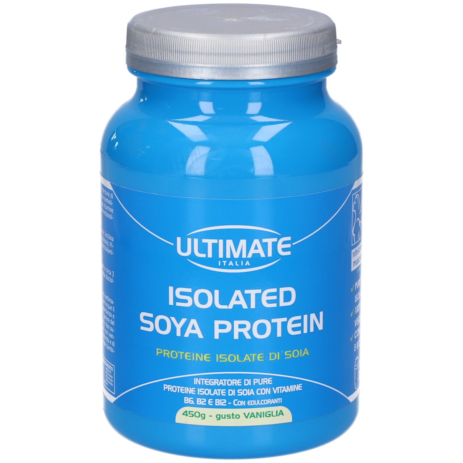 Barattolo blu con scritta "ULTIMATE" e "ISOLATED SOYA PROTEIN". 15x30g. Sigillo vegano.