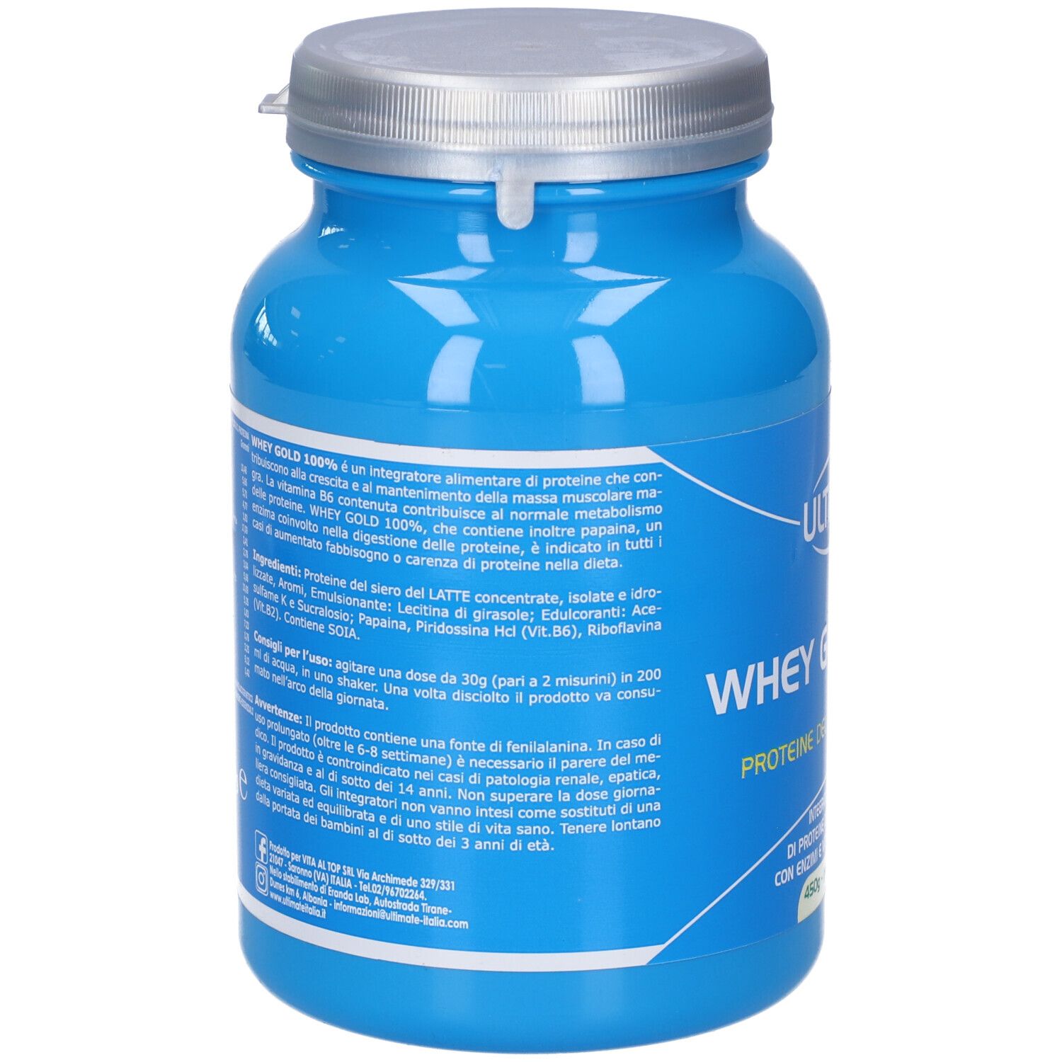Barattolo blu con coperchio argentato. Retro con testo. Scritta: Ultimate Whey Gold 100%. Proteine del siero del latte. 450g.