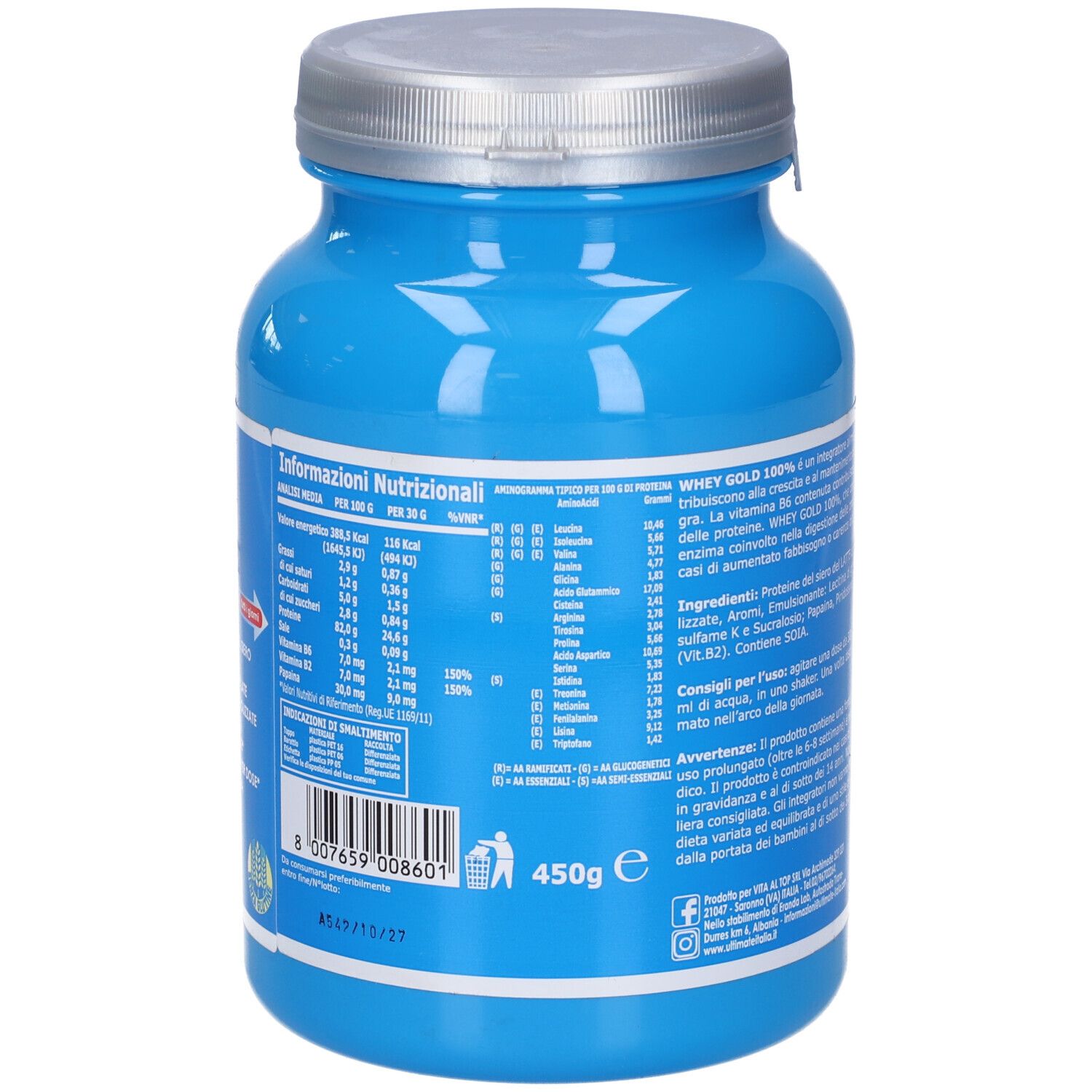 Barattolo blu con coperchio argentato. Retro con informazioni nutrizionali. Scritta: Ultimate Whey Gold 100%. 450g.
