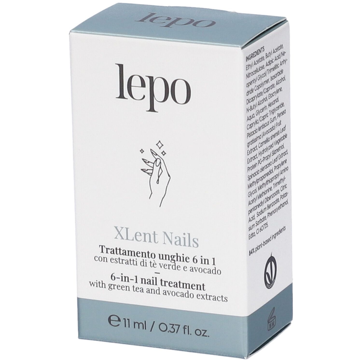 Scatola con logo "LEPO" e "XLent Nails". Contiene ingredienti e logo Vegan.