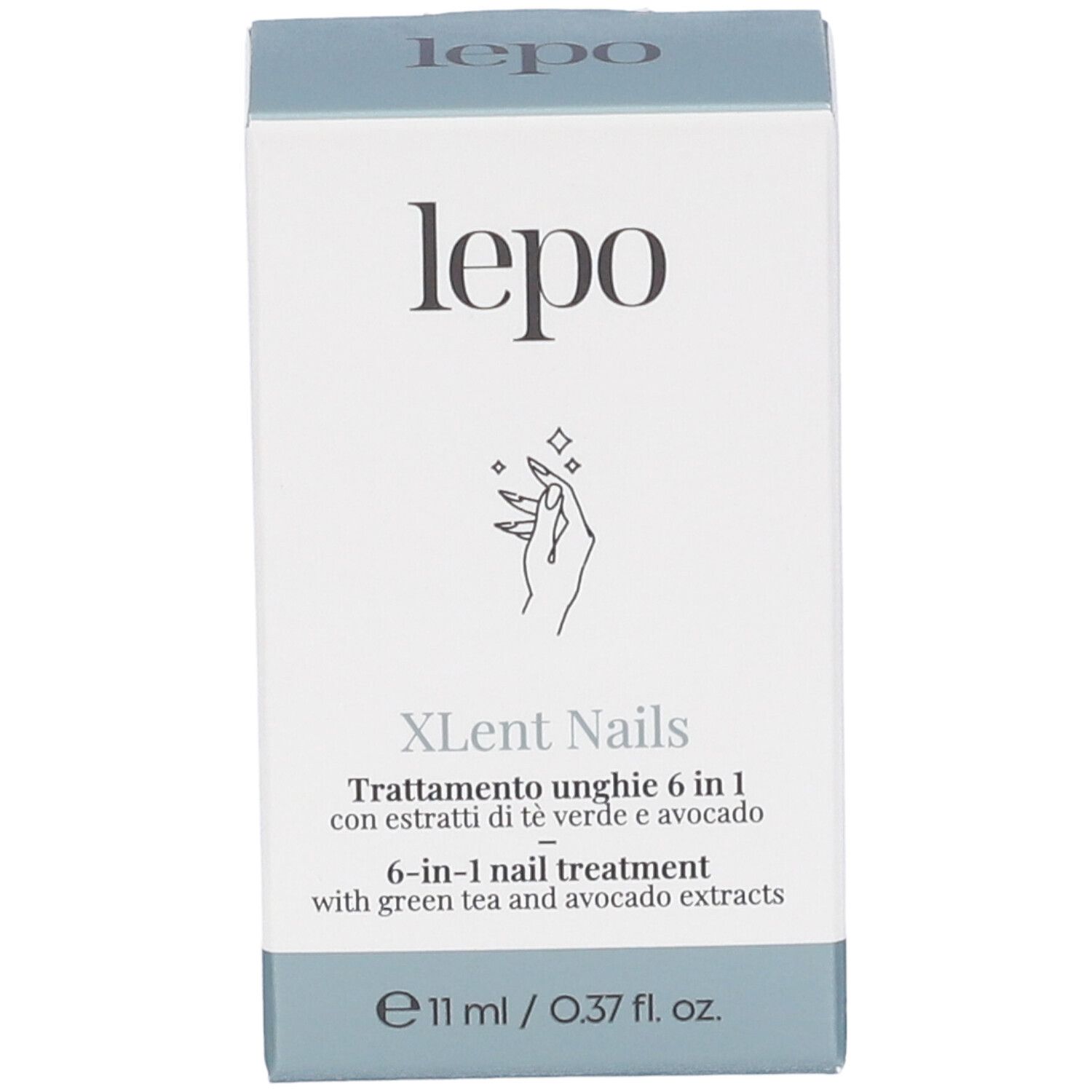 Scatola con logo "LEPO" e "XLent Nails". Contiene informazioni sul prodotto.