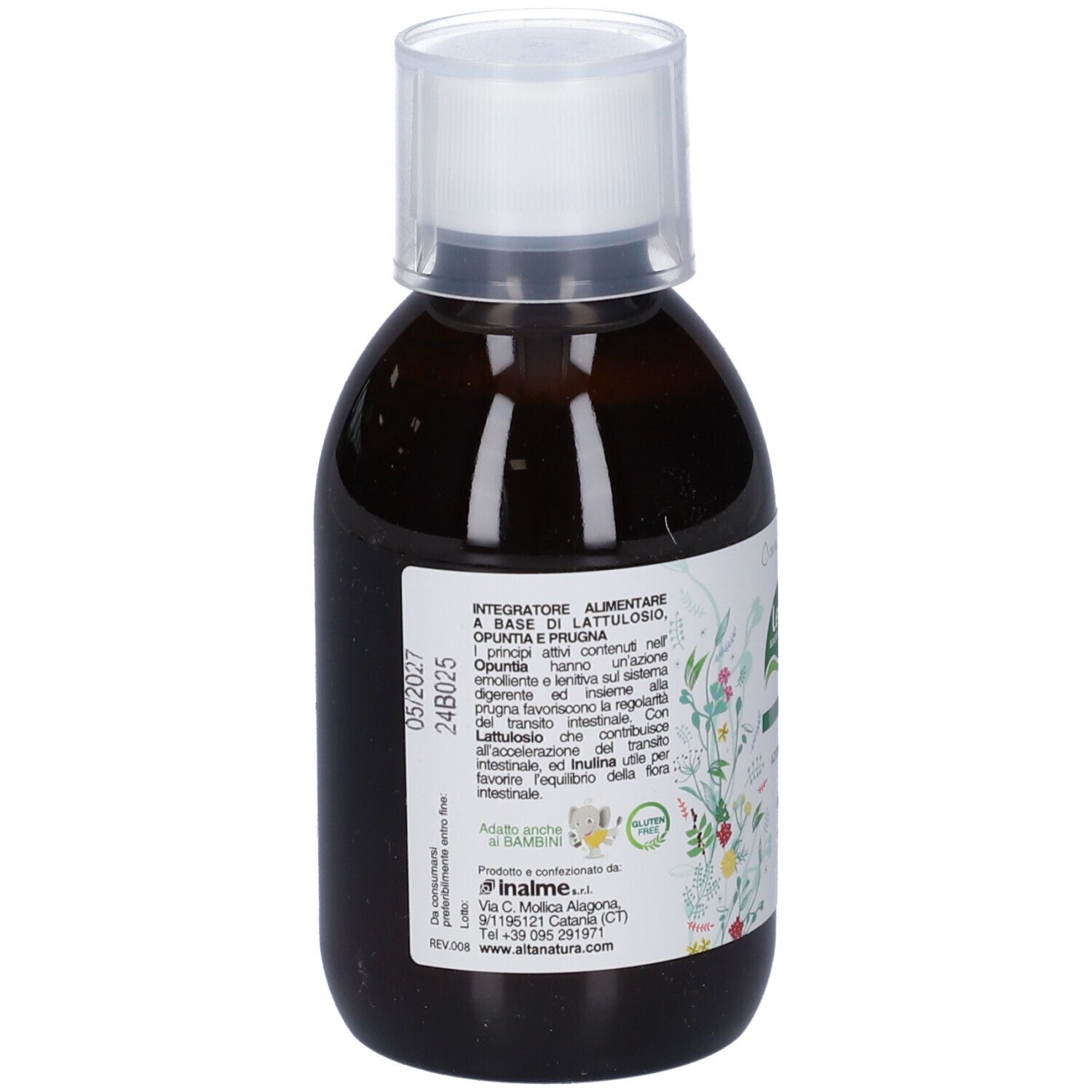 Retro del flacone marrone. Etichetta con informazioni prodotto, ingredienti e indirizzo produttore. Scritta bianca.