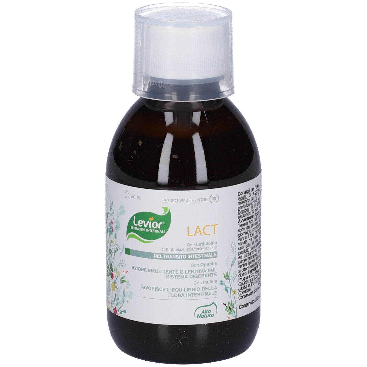 Flacone marrone con tappo bianco. Etichetta con nome Levior Lact e informazioni. Liquido visibile.