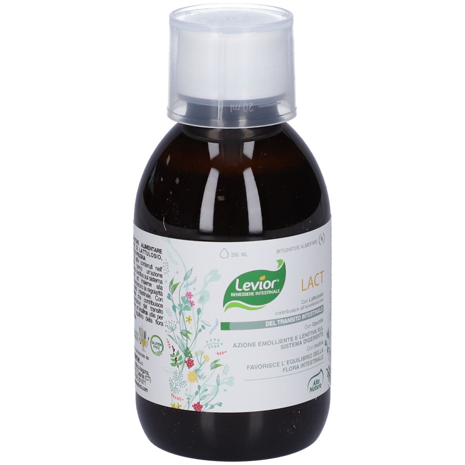 Flacone marrone con tappo bianco. Etichetta con nome Levior Lact e informazioni. Liquido visibile.