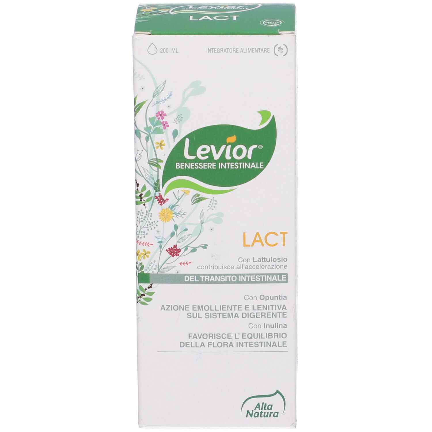Confezione bianca con nome Levior Lact e logo. Design verde e bianco. Testo.
