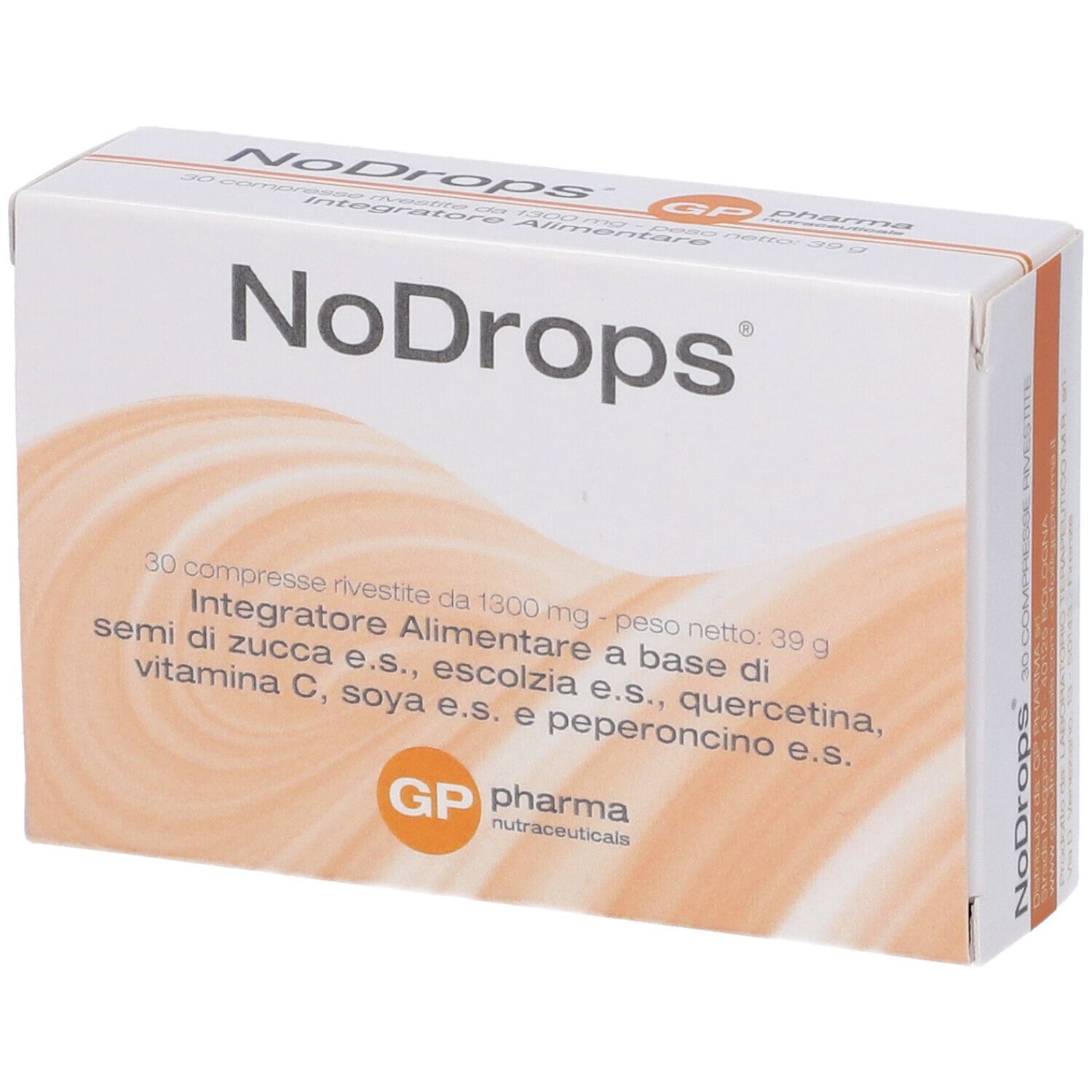 Scatola bianca con nome del prodotto e informazioni. Marchio: GP pharma. Vista prospettica.