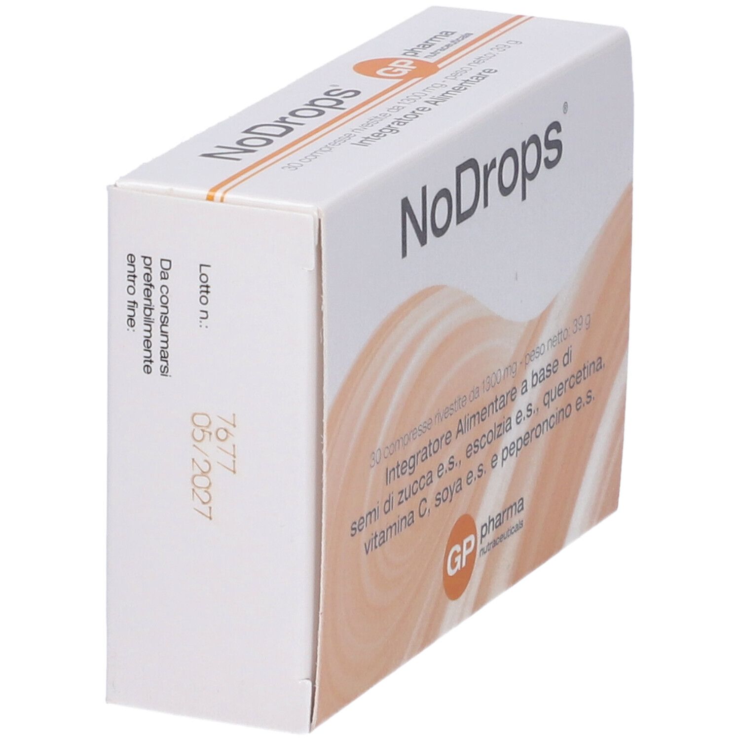 Scatola bianca con nome del prodotto e informazioni. Marchio: GP pharma. Vista prospettica.