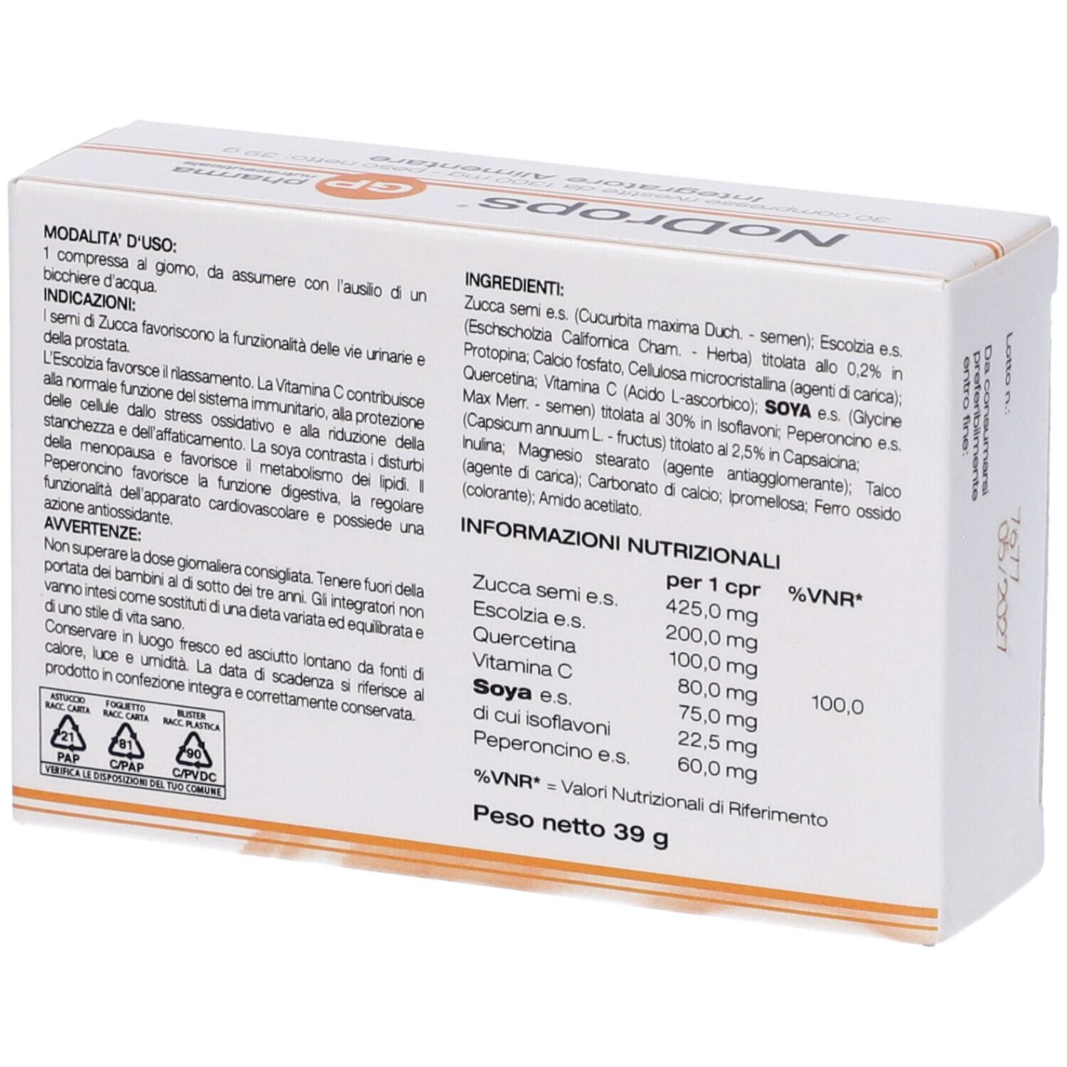 Scatola bianca, retro con ingredienti e informazioni nutrizionali. Marchio: GP pharma.