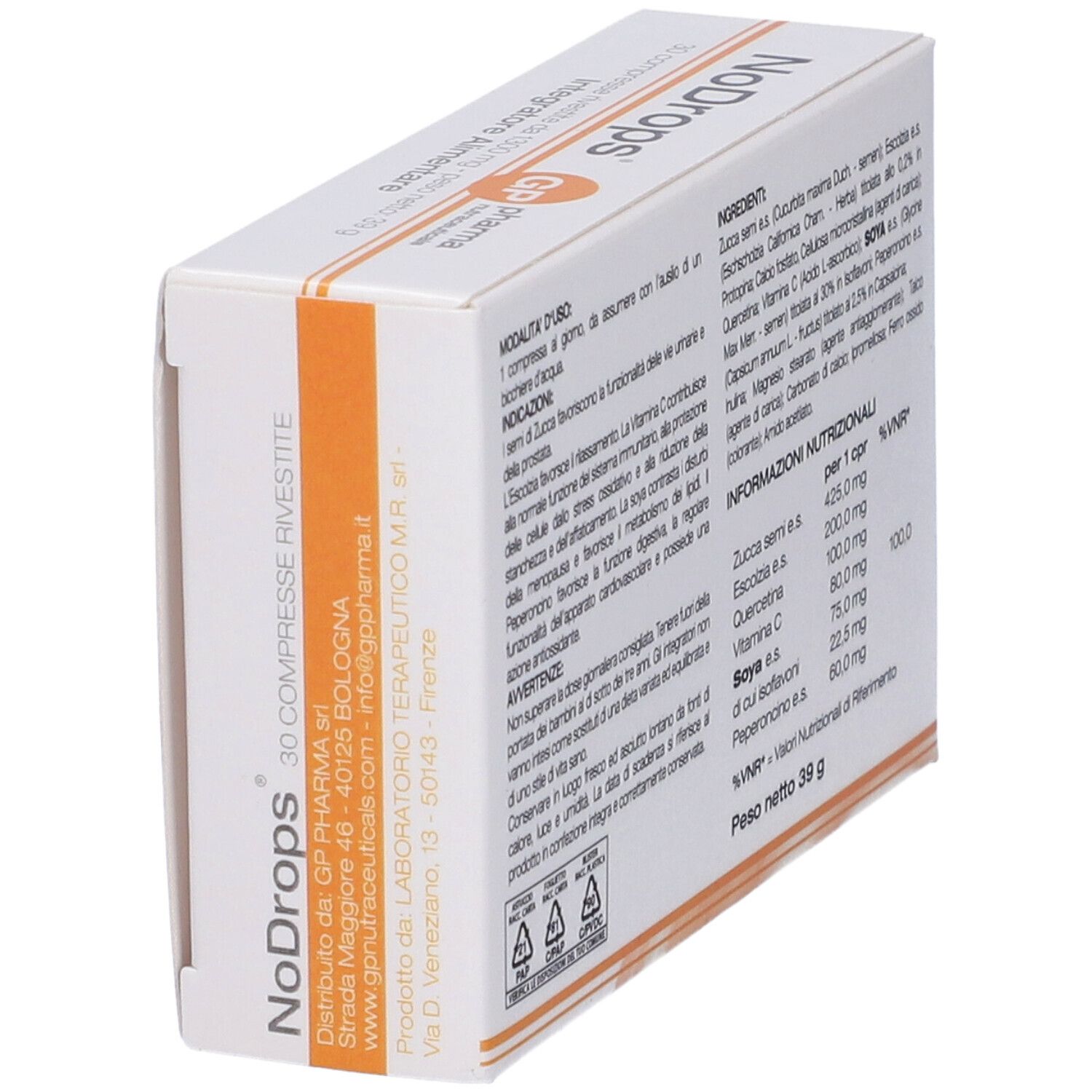 Scatola bianca, retro con ingredienti e informazioni nutrizionali. Marchio: GP pharma. Vista prospettica.